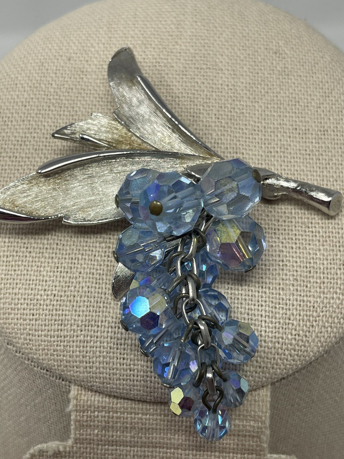 Vintage Silver Tone Blue AB Crystal Dangle Grapes Brooch Waterfall Articulating