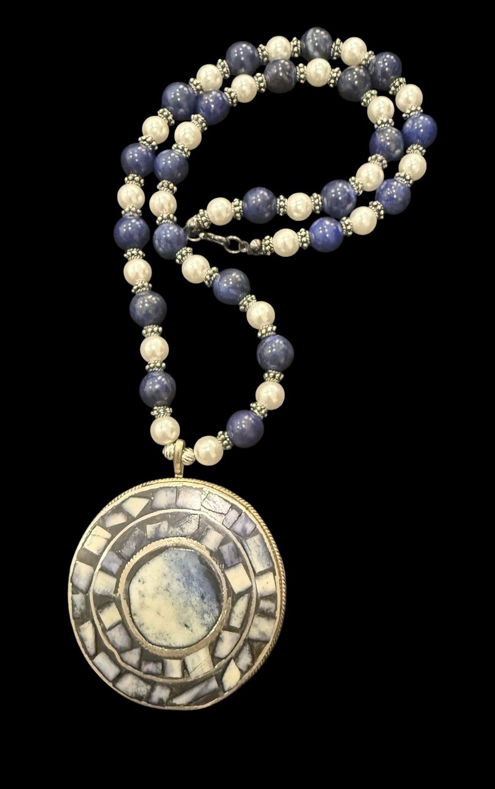 Lapis Sodalite And Faux Pearl Long Beaded Statement Pendant Necklace