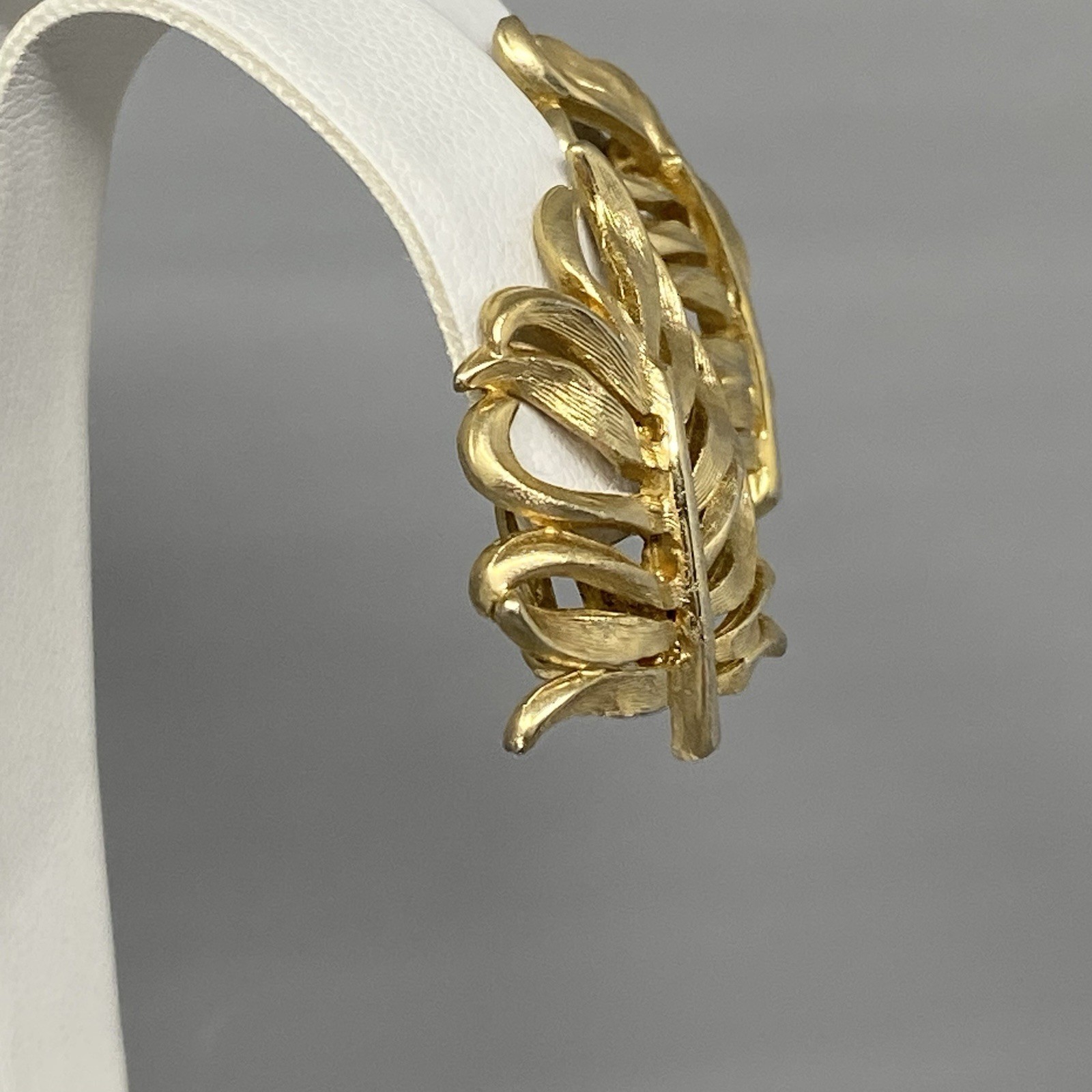 Brushed Gold Tone Leaf Earrings Textured Clip On Plant Nature Stud Dangle 1″