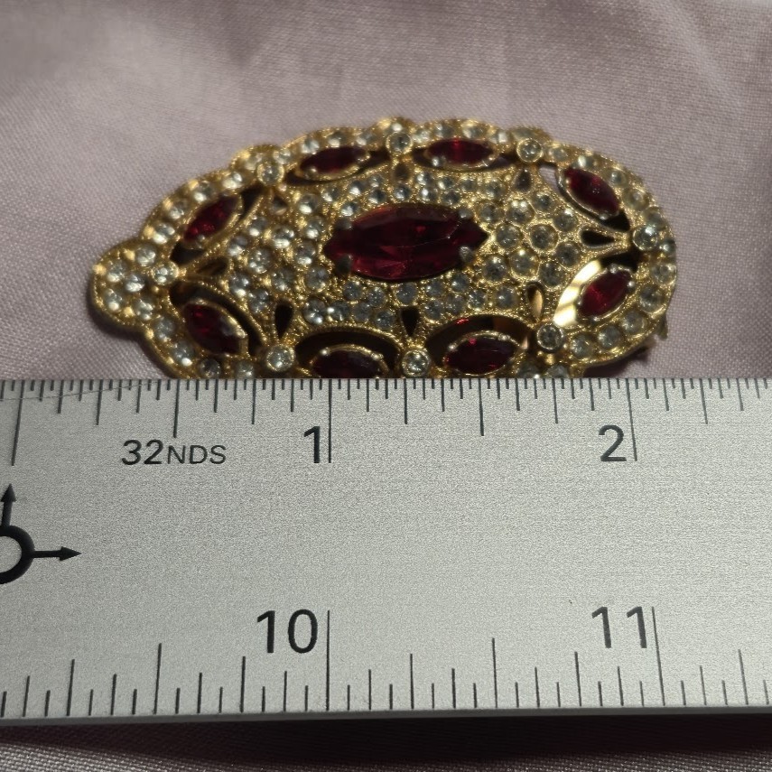 2.5 Inch Fur Dress Clip Vintage 1950 Gold Tone with Red Marquise Clear Round gem