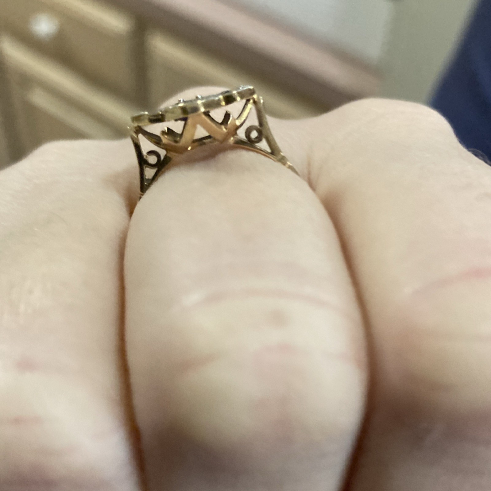 Antique Gold Cocktail Ring with Square Diamond and Blue Sapphire Accents