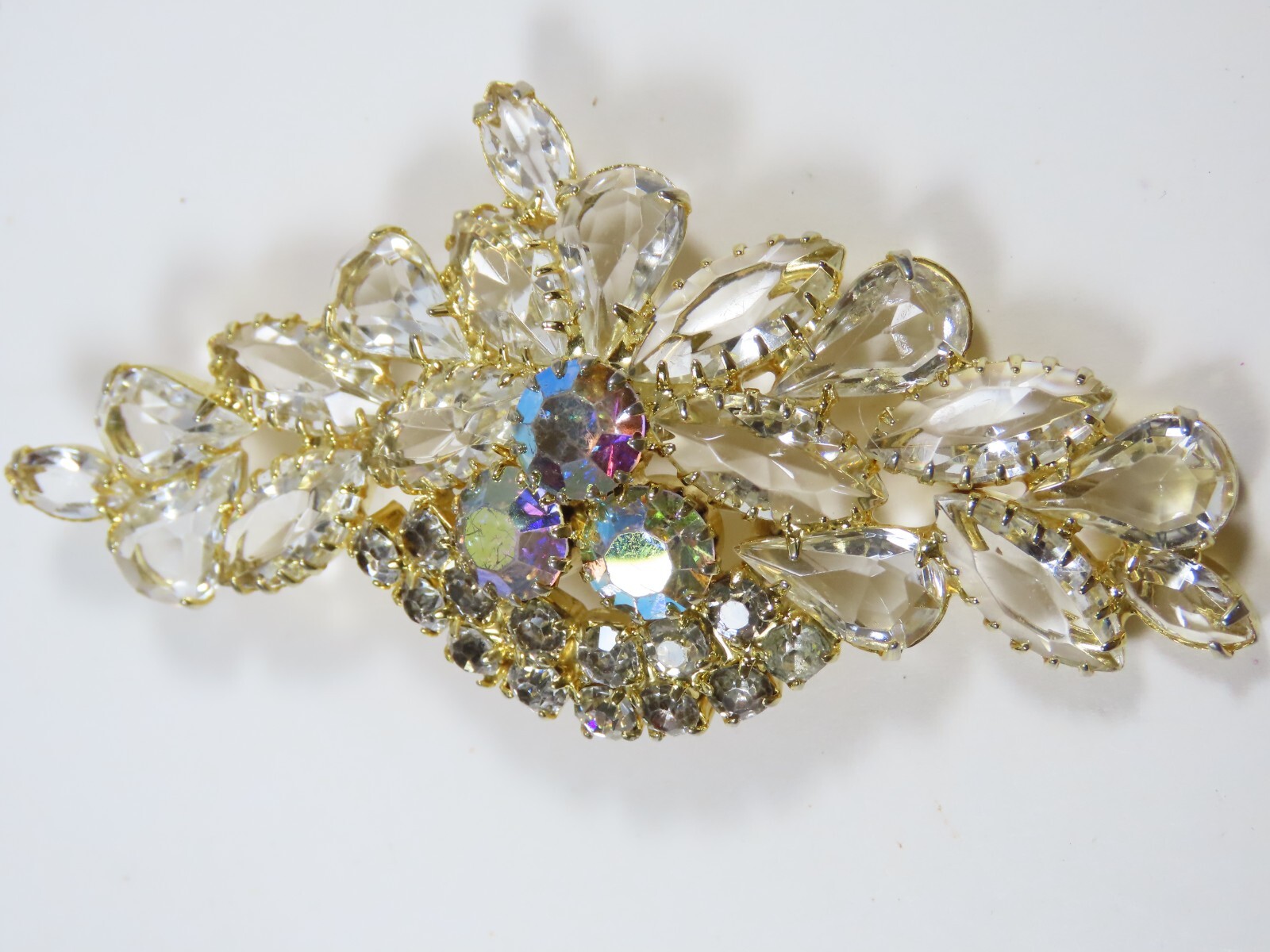 AB Rhinestone Brooch Pin VTG Clear Crystal Cluster Spray Prong Stunning D1580
