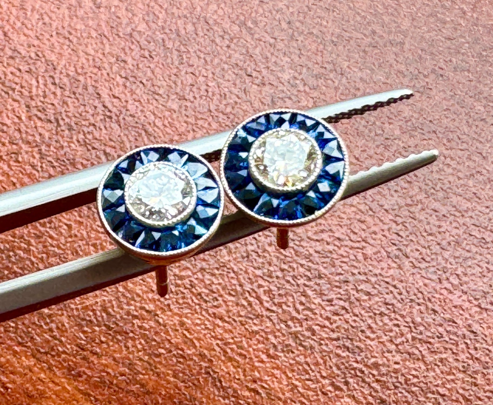 ART DECO STYLE .55 ctw DIAMOND w/ SAPPHIRE HALO PLATINUM EVERYDAY STUD EARRINGS