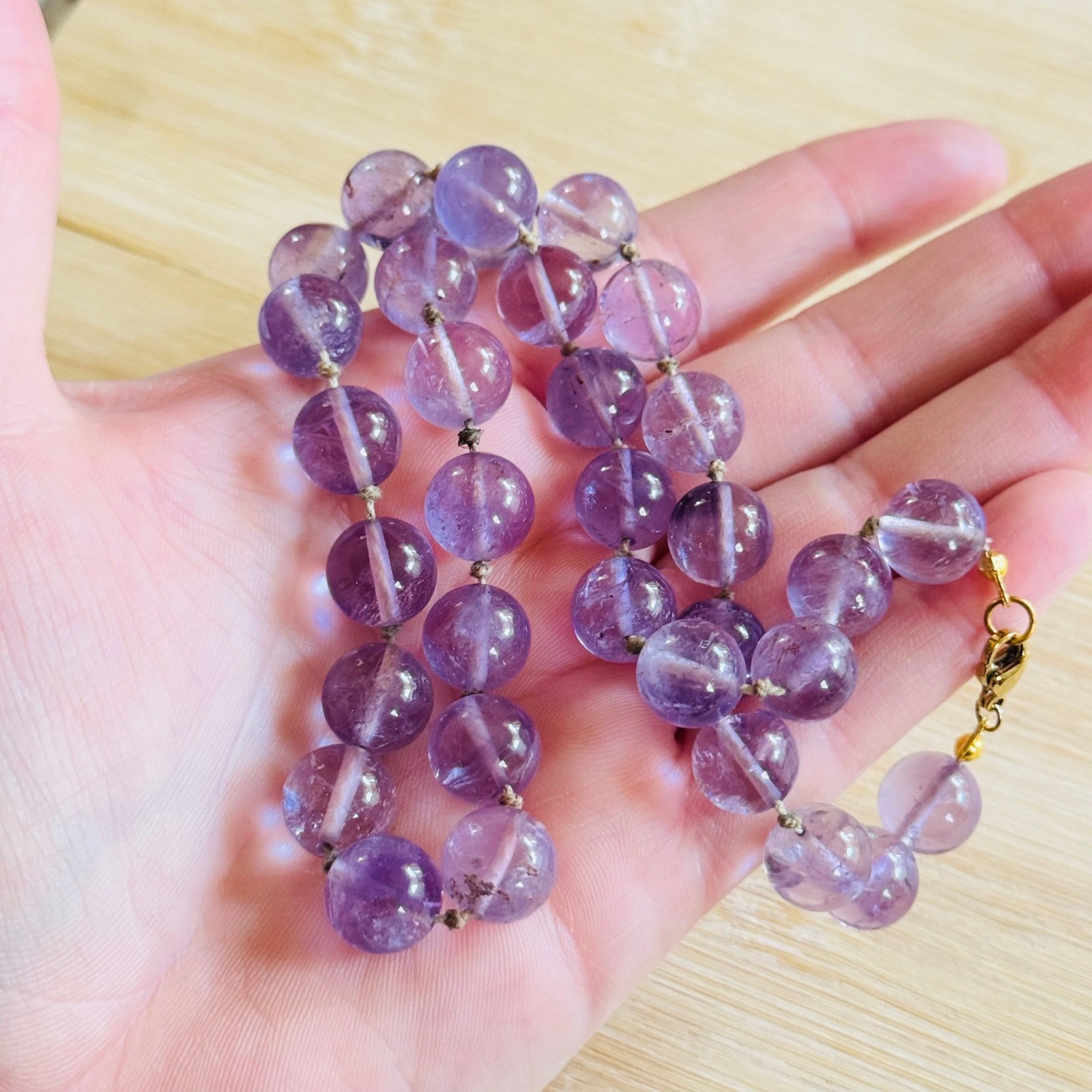 VTG Amethyst Necklace Knotted Genuine Natural Stone Round beads 19″ 10MM