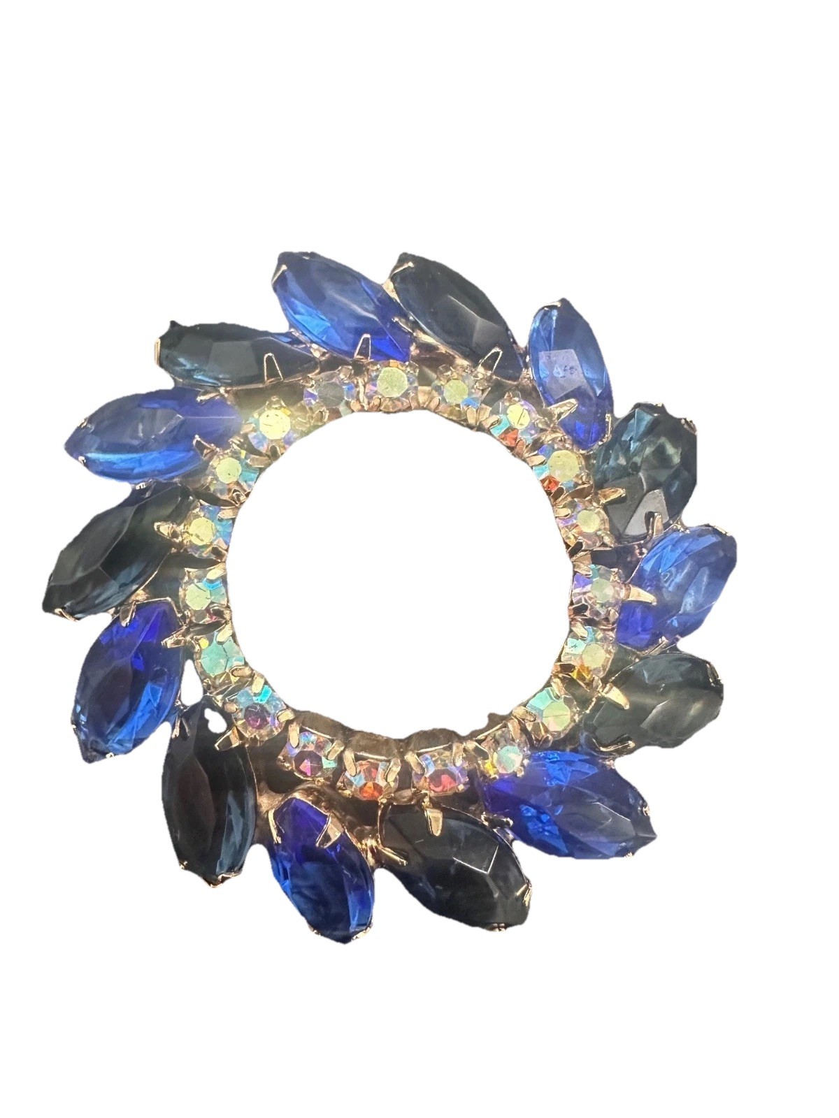 Vintage Flower Aurora Borealis Rhinestones Gold Tone Brooch Pin-1950s