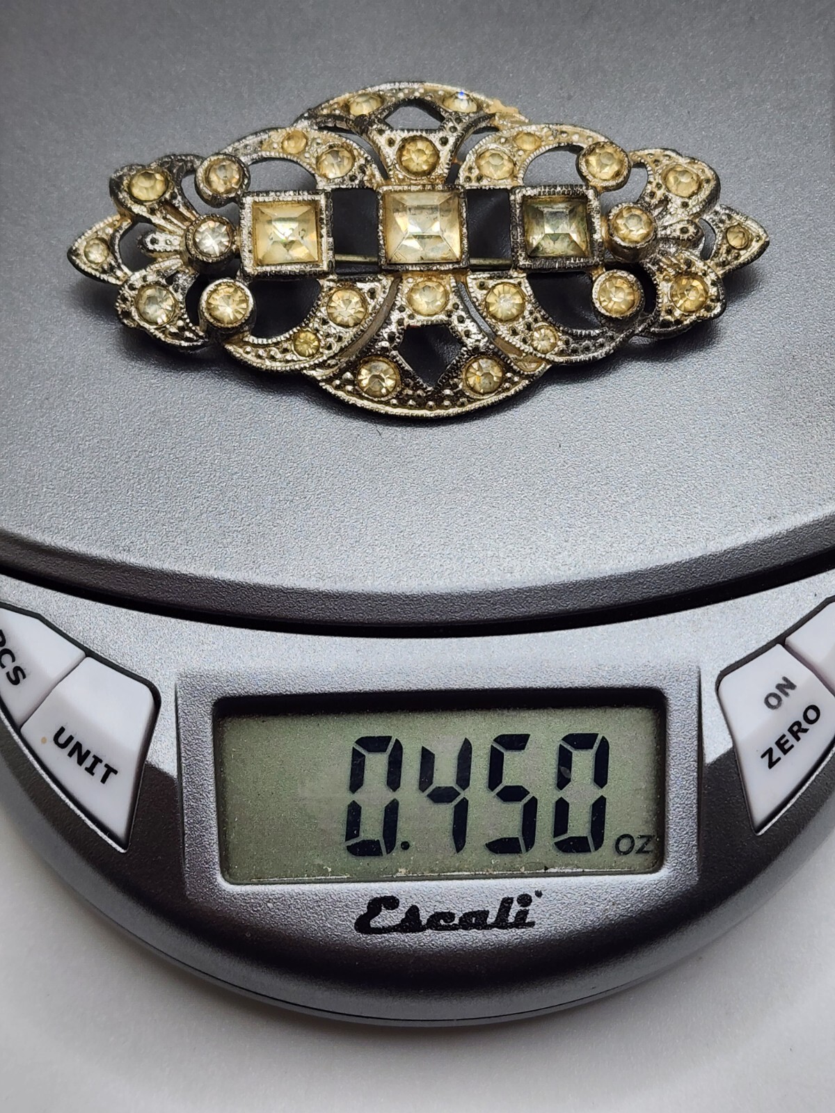 Vintage Rhinestones And Pewter Type Metal Glass Rhinestone Brooch