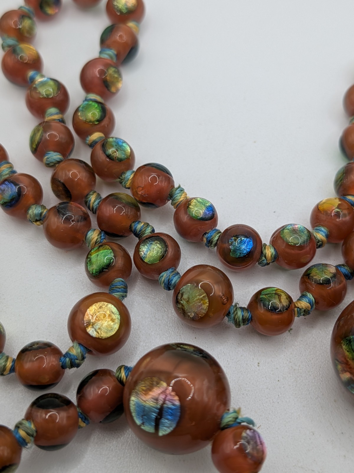 Art Deco Antique Czech Glass Rainbow Foil Peacock Eye Bead Necklace Brown Read