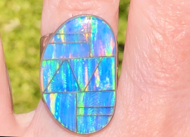 FaBuLoUs Ice blue lavender fire Opal Ring 8 Sterling Large Vintage Native Art