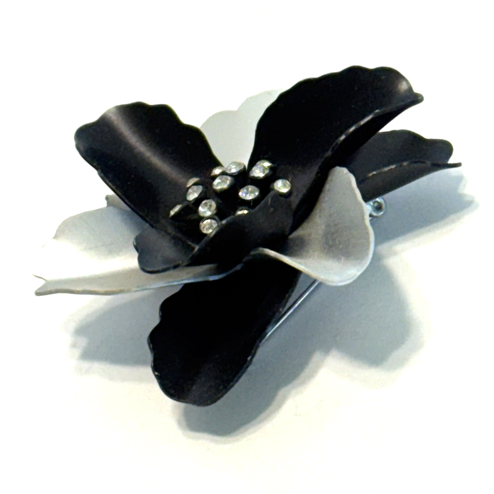 Vintage Black and Silver Flower Brooch Enamel Layered Petals Clear Rhinestones