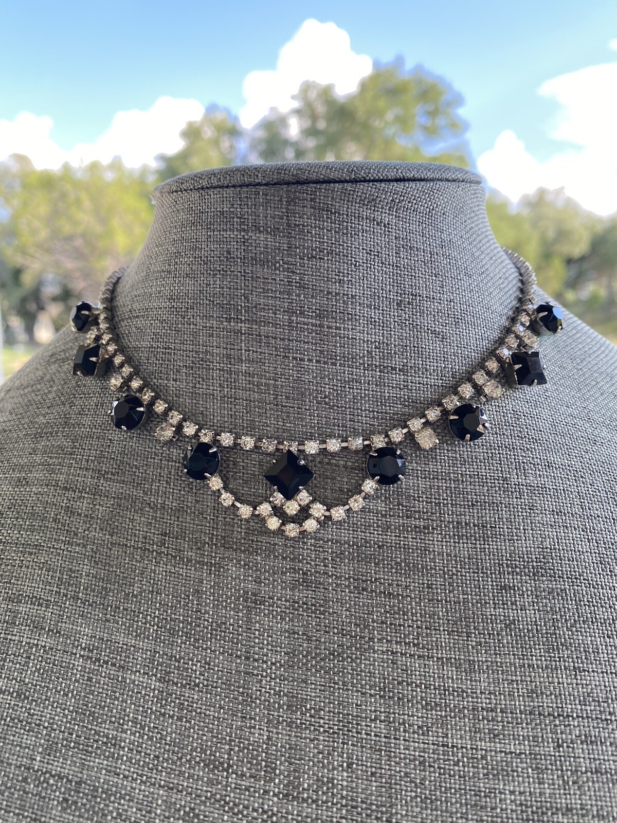 Vintage Chocker Necklace Hook Clasp 14” + 1” Rhinestones Clear Black