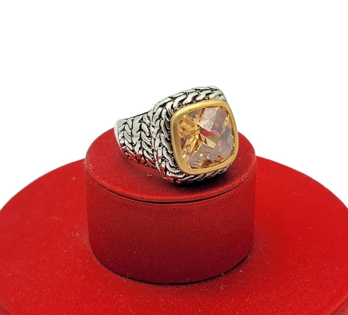 Vtg Ring Sz 7 Lg Citrine Topaz Amber Cubic Zirconia Medieval Jewelry Braid