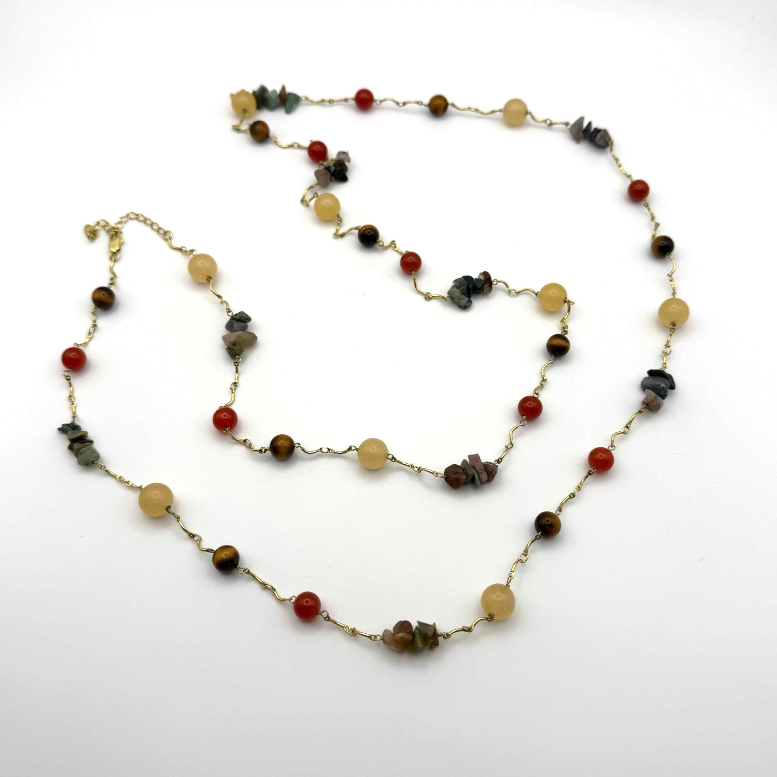 Vtg 44″ Jade, Nephrite & Tiger Eye Natural Stone Necklace 14K GP (YAK-35-2)