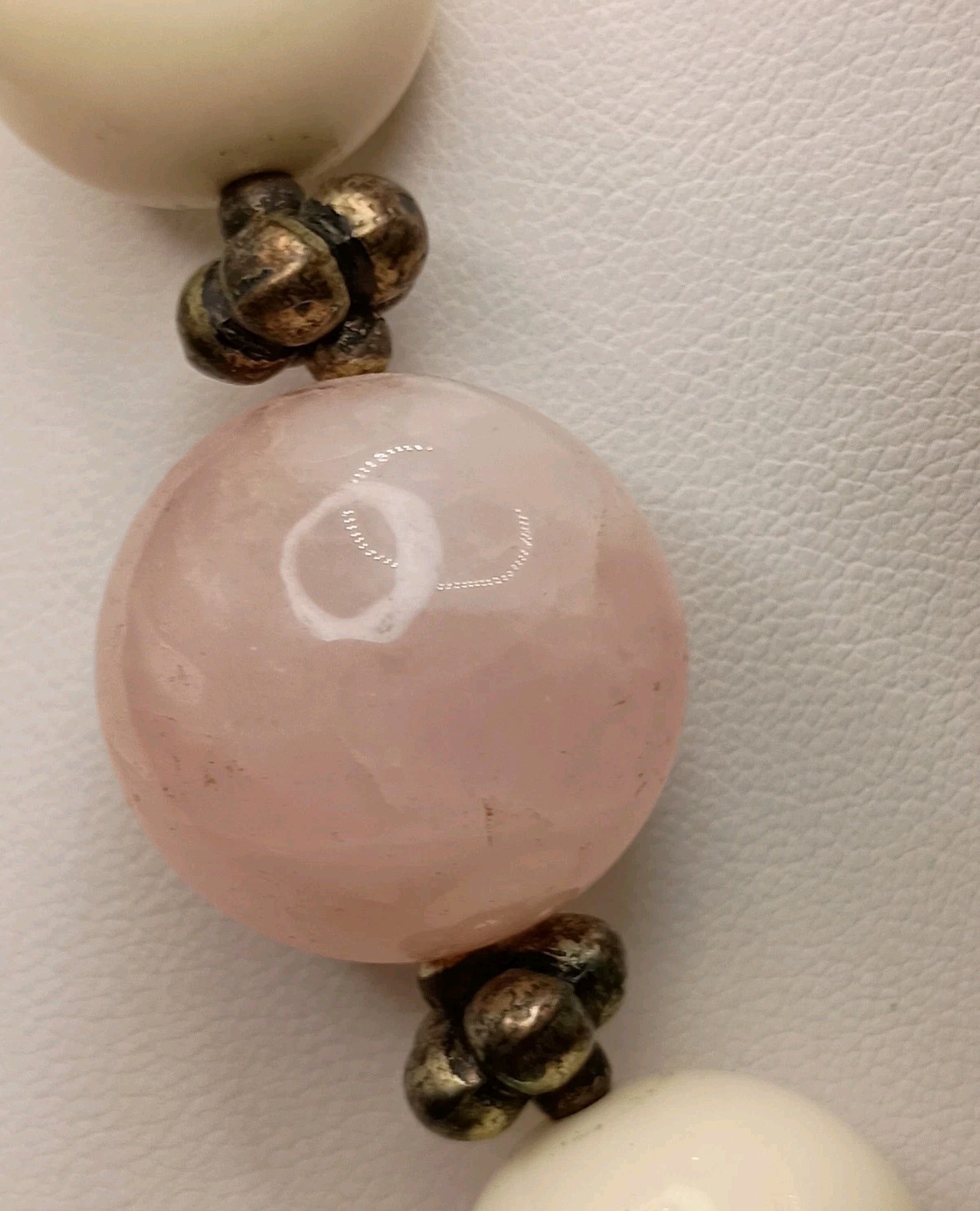 Vintage Dauplaise Beaded Necklace Rose Quartz Silver Tone Bicone Cream 18″