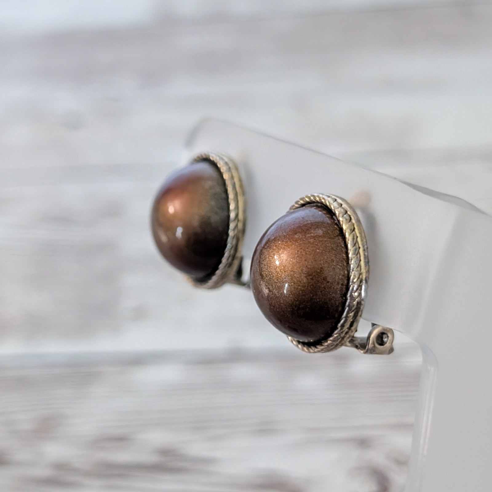 Vintage Clip On Earrings Domed Metallic Brown with Gold Tone Halo