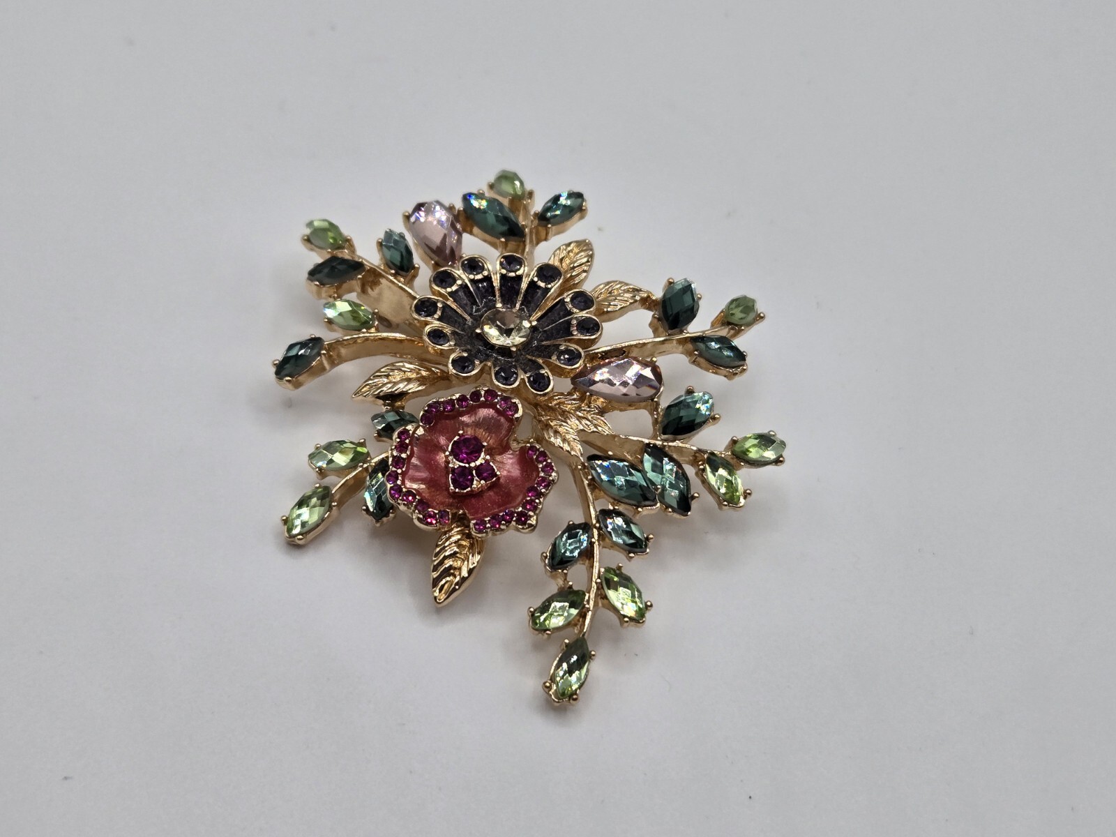 Napier Flower Brooch Gold Tone Enamel Green White Pink Purple Stones