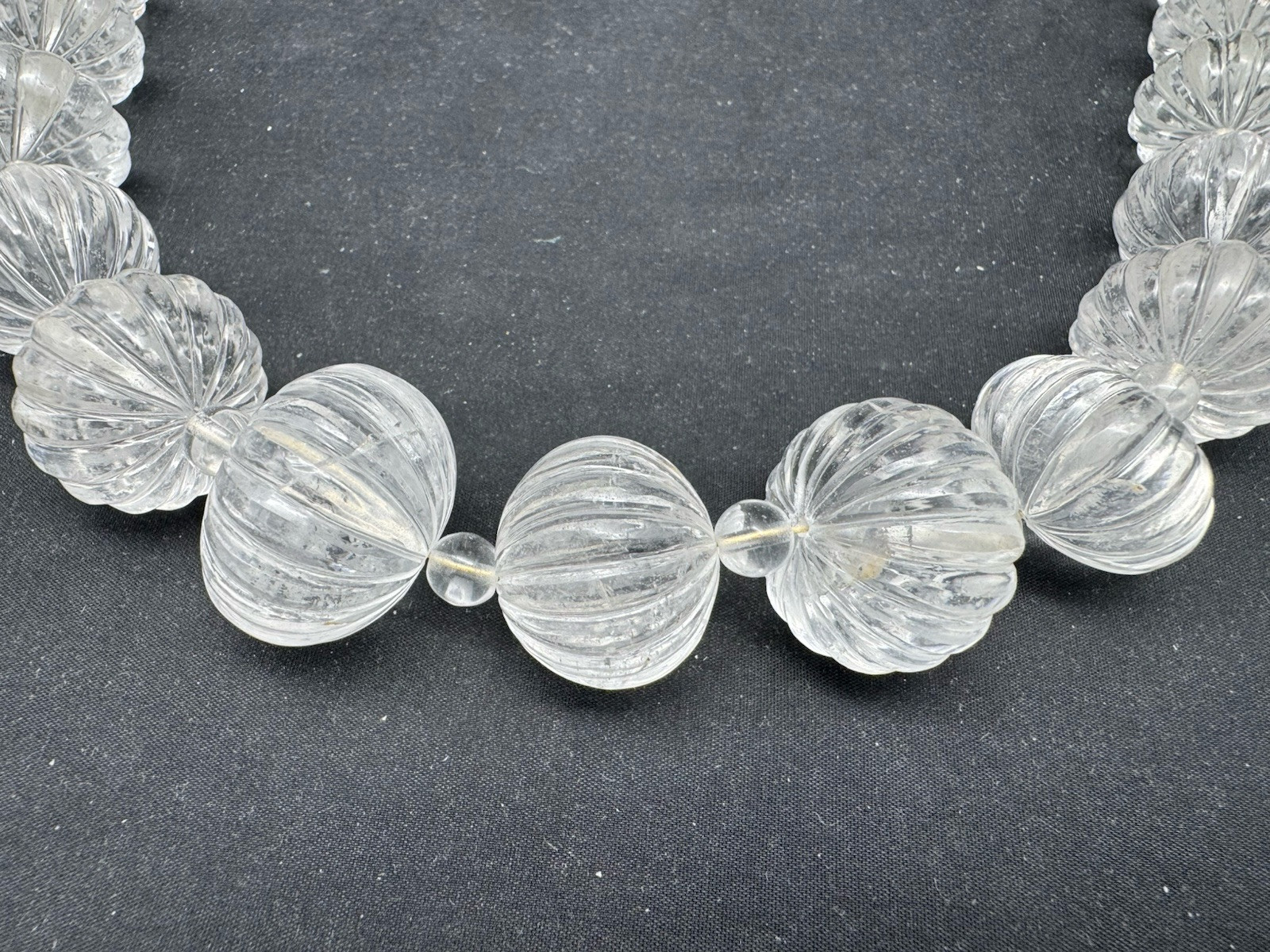 Vintage Hand Carved Rock Crystal MELON BEAD Necklace, 169 grams, 20″