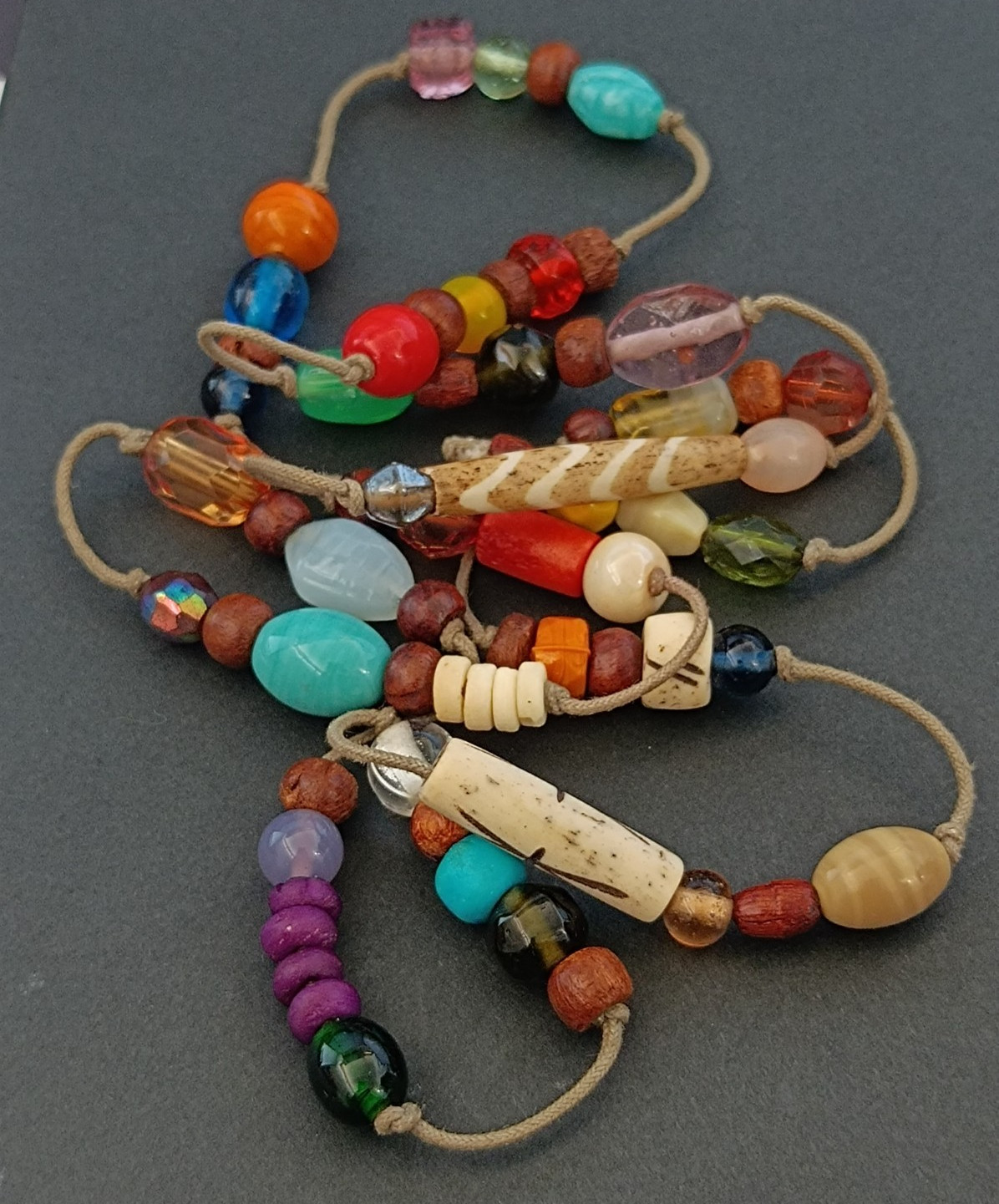 Vintage Long Boho Lariat Necklace Mixed Beads Glass Ceramic Wood Knotted Station