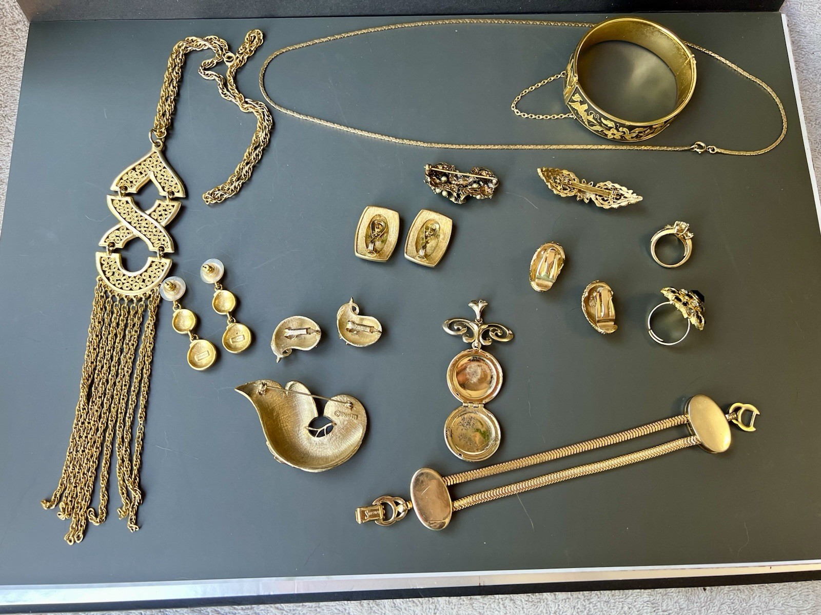 Vintage Gold Black Jewelry Lot —Damascene, Trifari, Sarah Coventry, Monet, More