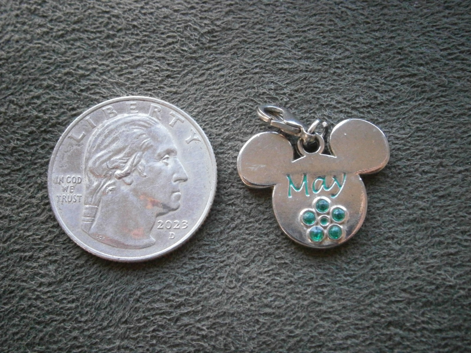 Mickey Mouse Ears May Birthstone Vintage Silvetone Bracelet Charm Pendant 3.5g