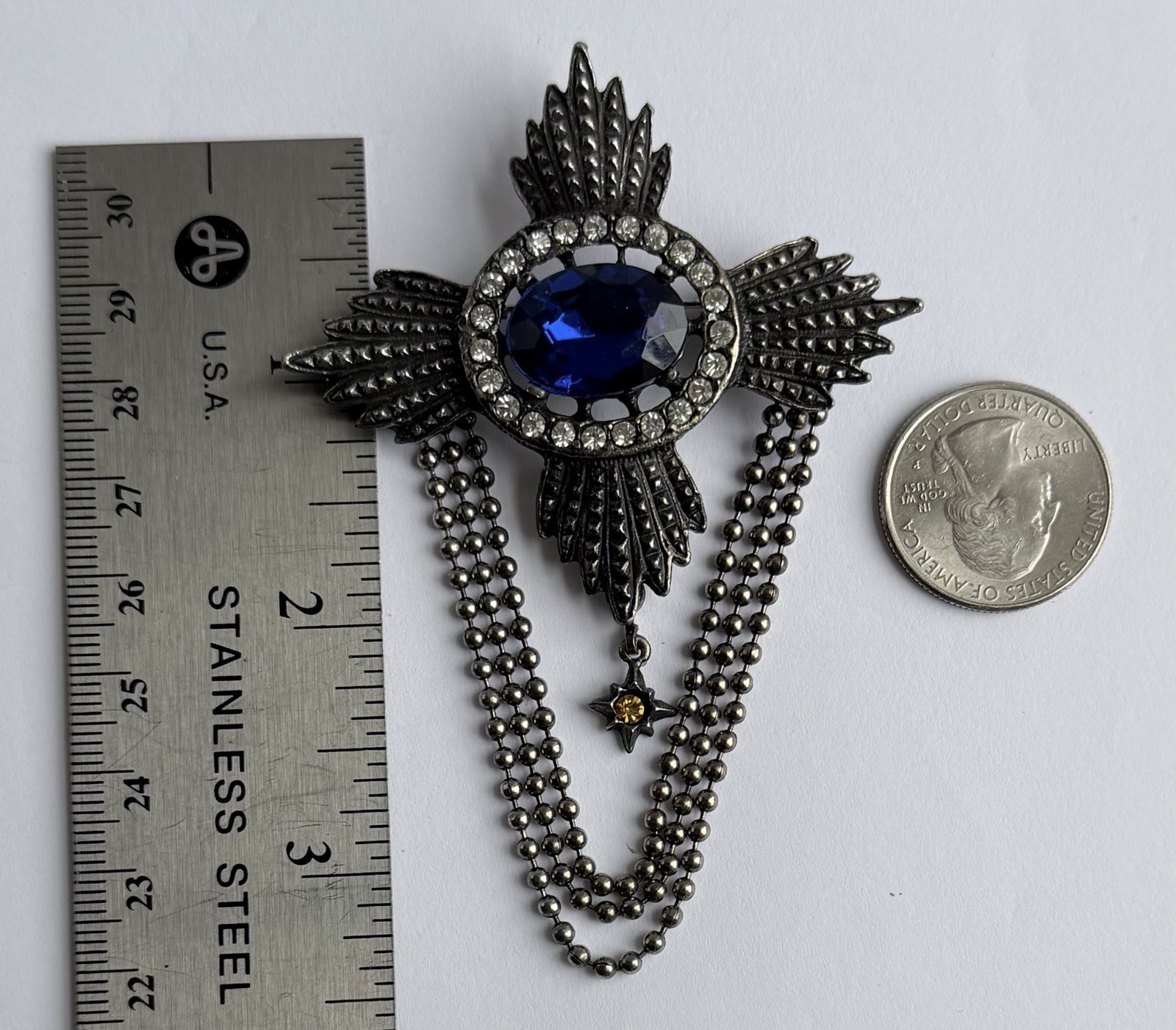 Vintage 1980’s Blue Festoon Brooch Clear Rhinestone Chain Dangle