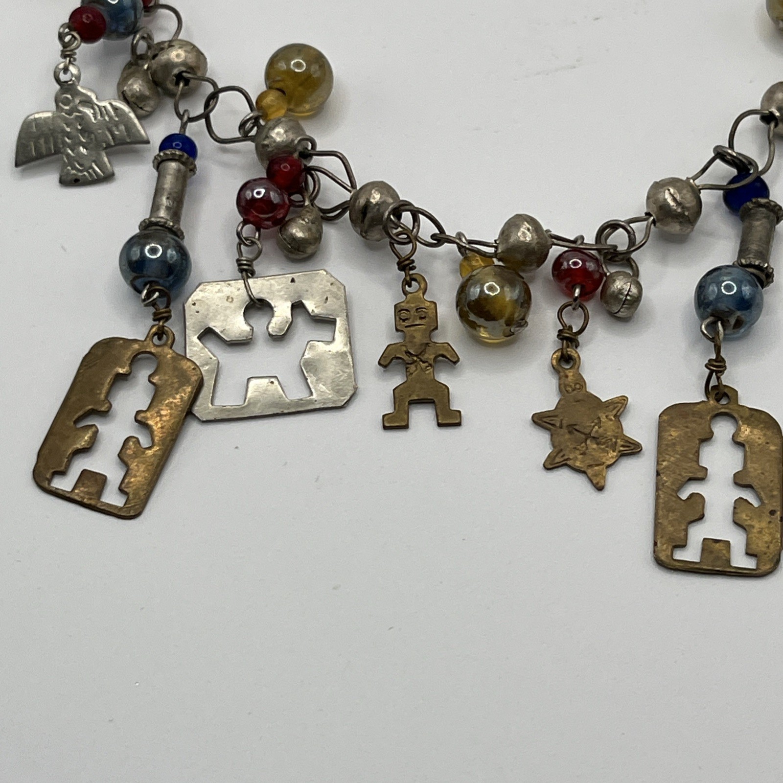 Vintage Guatemalan Chachal Necklace Thunderbird Horse Charms Silver Tone 22″