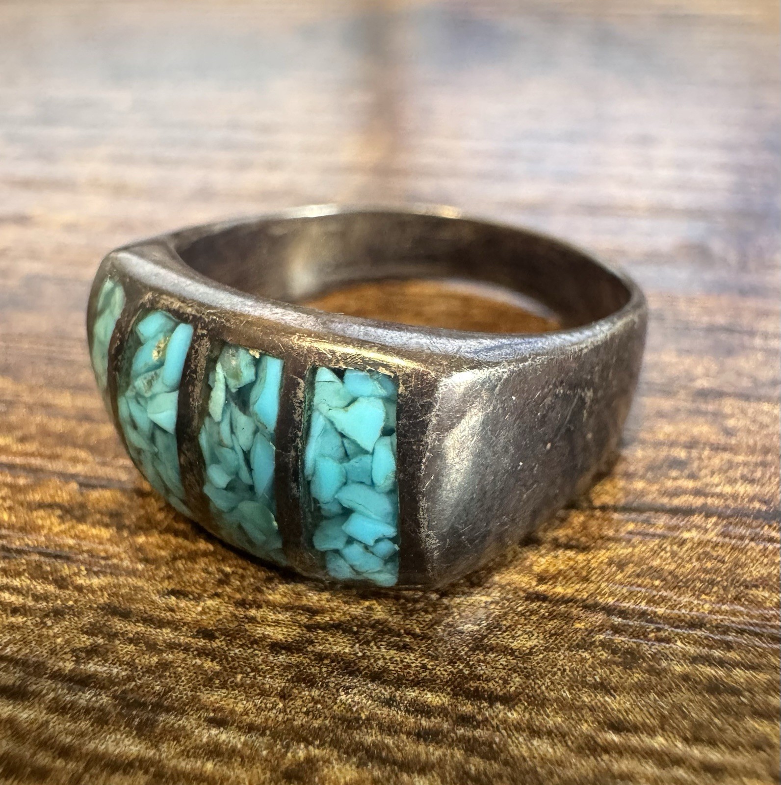 Vintage Southwestern Sterling Silver, Chip Inlay Turquoise Ring – Size 10.25