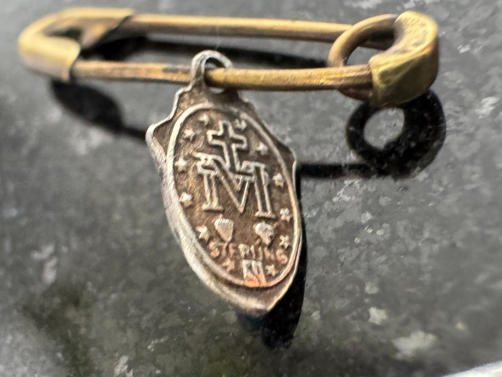 Vintage Religious Protection Pin Sterling Silver Blue Medal Charm