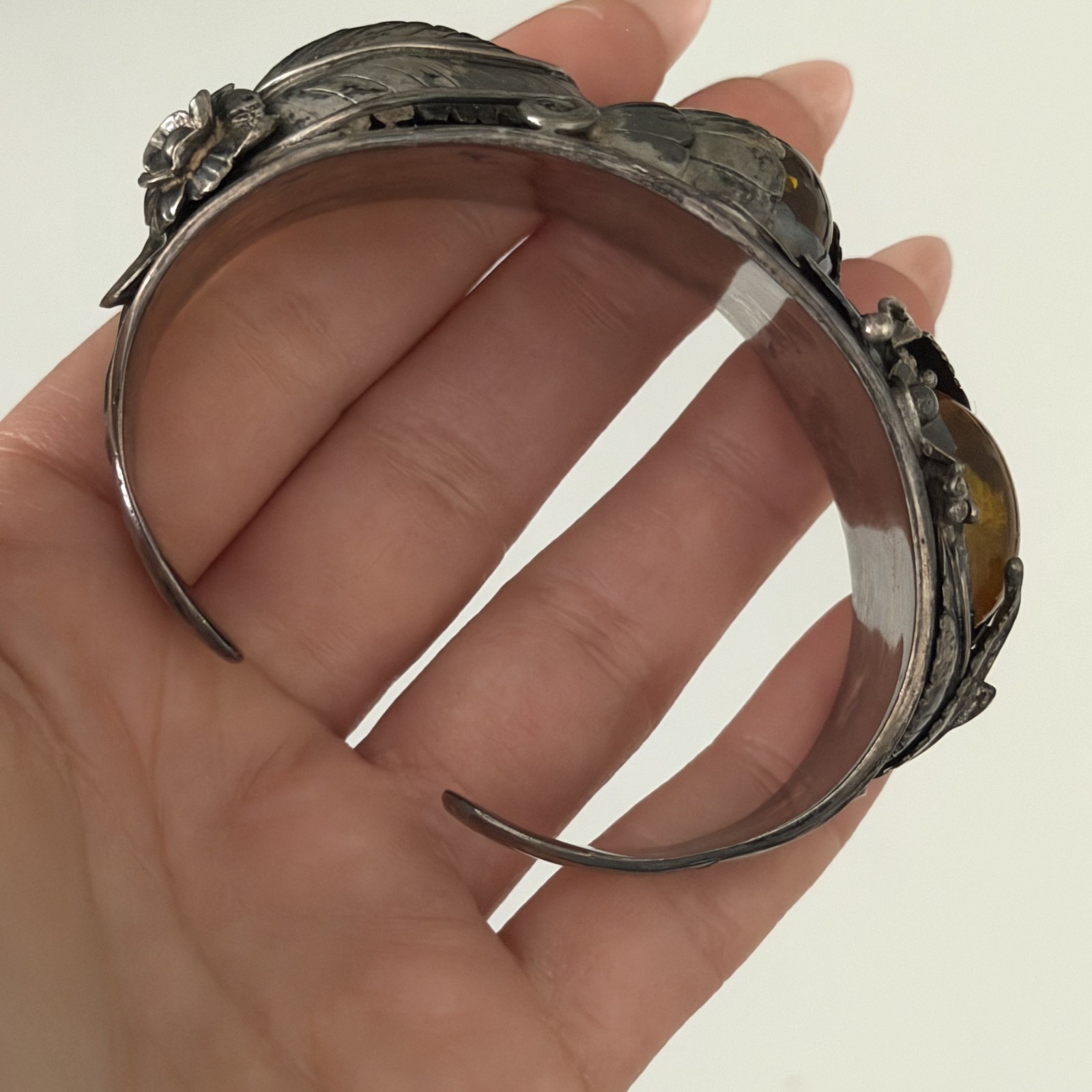 Vintage Sterling Silver Big Chunky Amber Leaf Southwest Cuff Bracelet Heavy