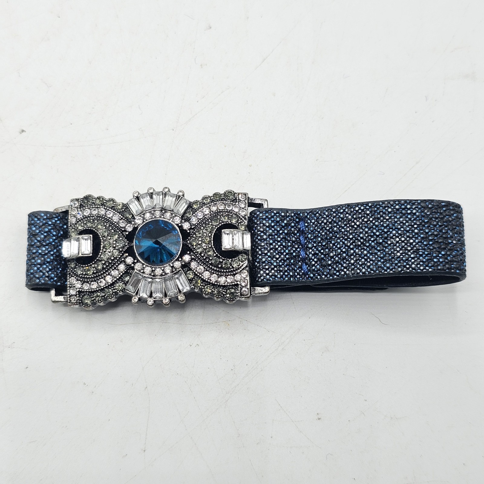 Vintage Yik Fung Leather Rhinestone Bracelet Blue & Silver