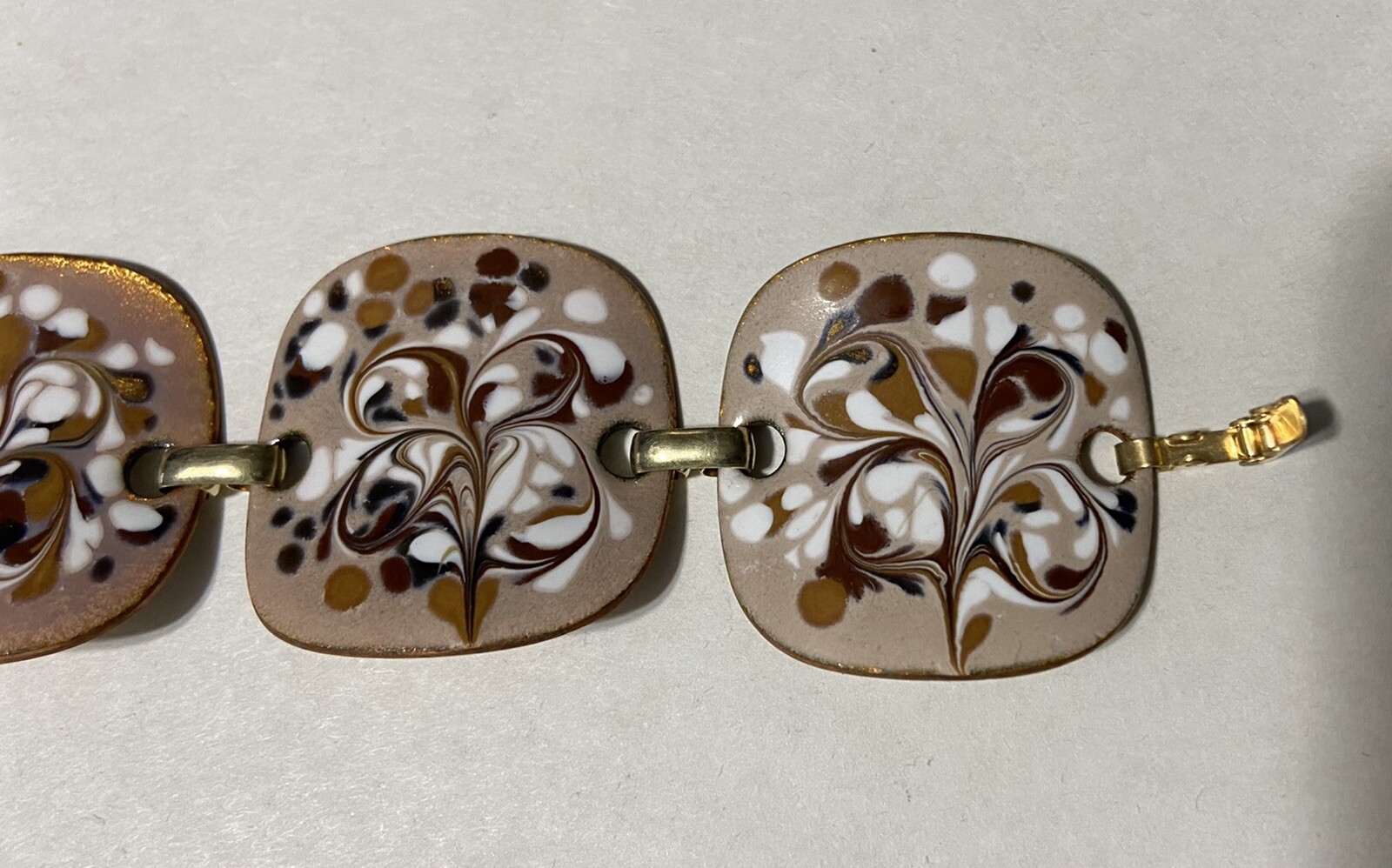 VINTAGE MCM- ENAMEL ON COPPER BRACELET- BROWN & WHITE- SIGNED INGA
