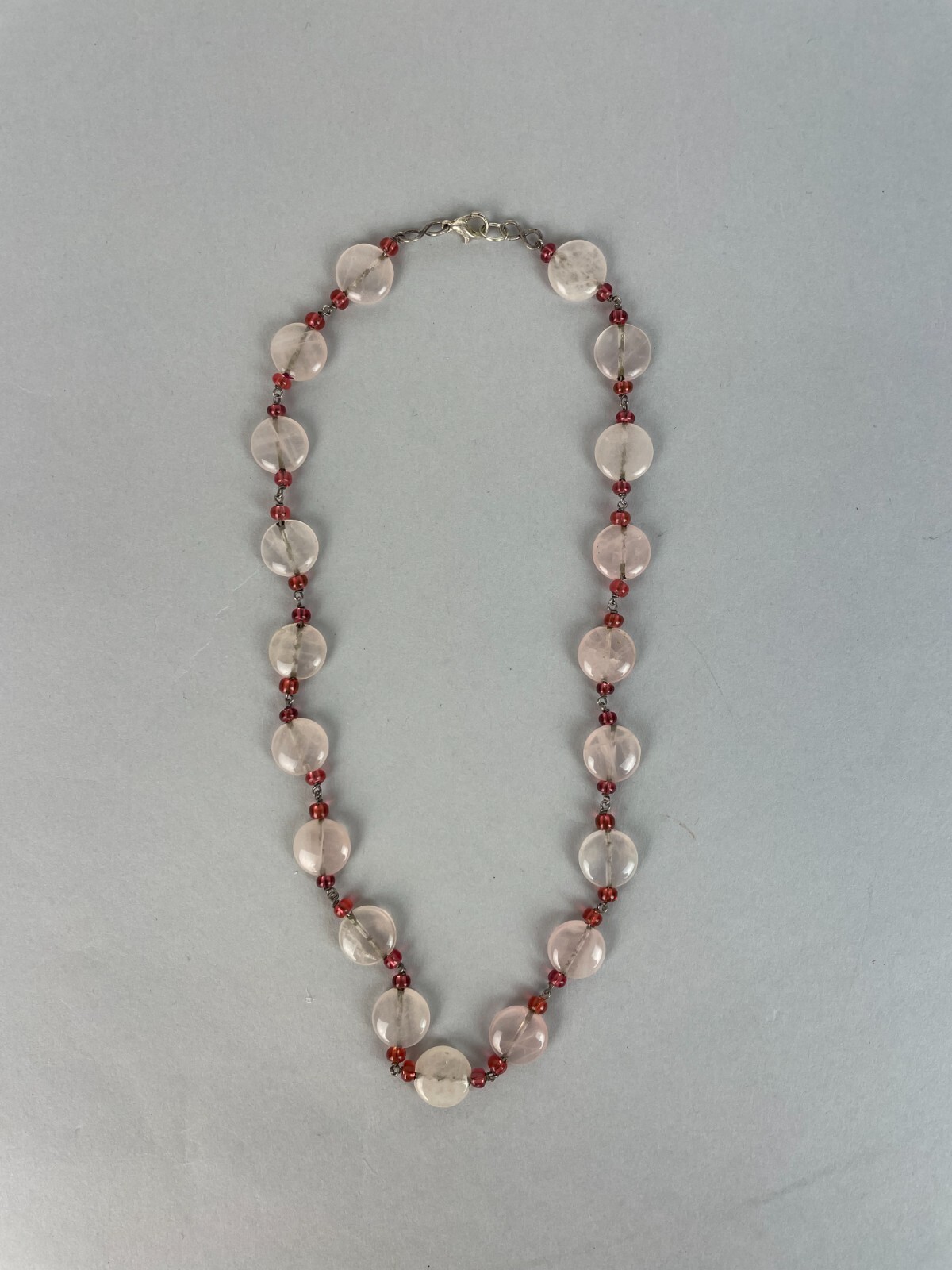 Vintage Y2K Rose Quartz + glass Necklace 16.5 in
