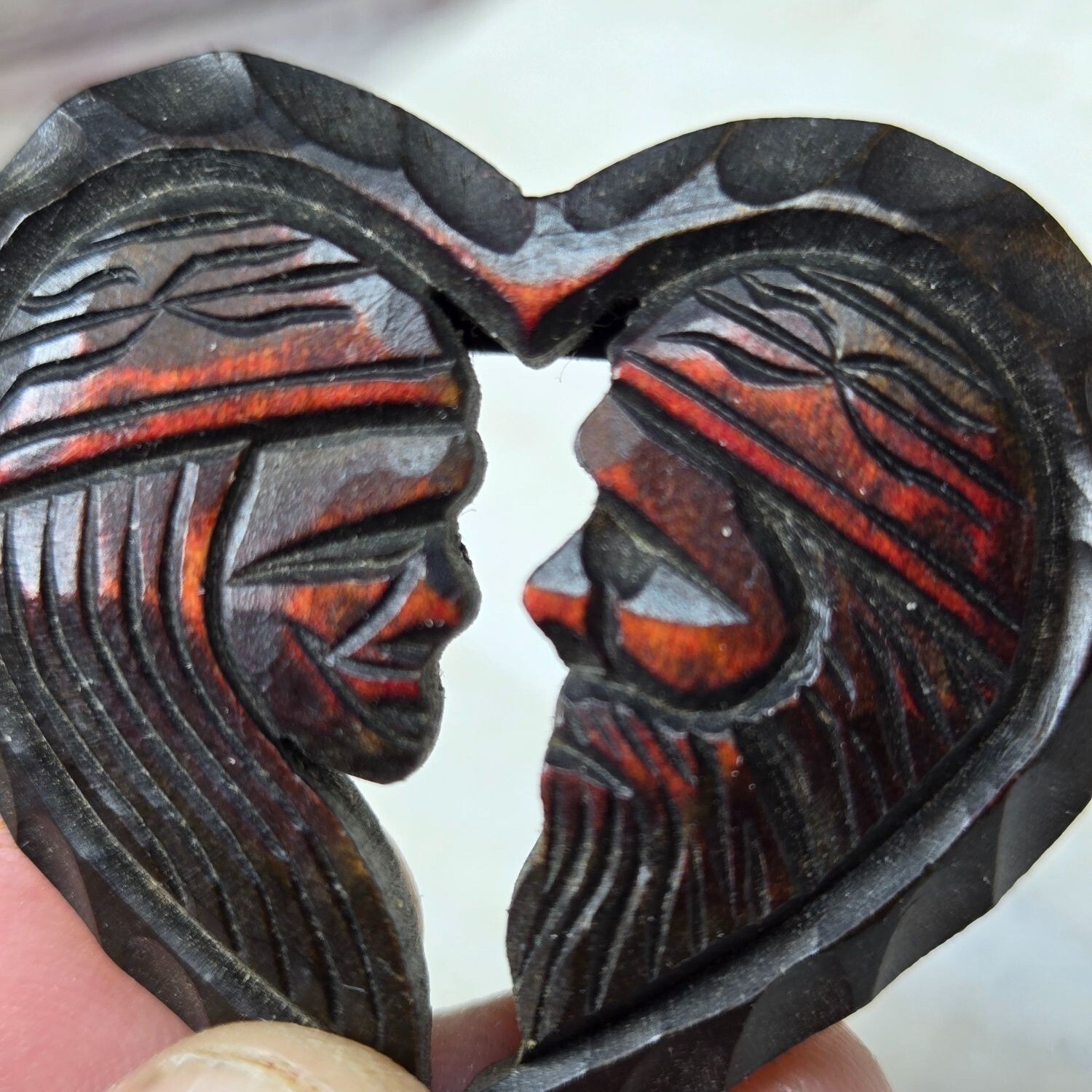 Vtg Hokkaido Wood Carved Heart brooch Artist signed Rare Jewelry dated 1965