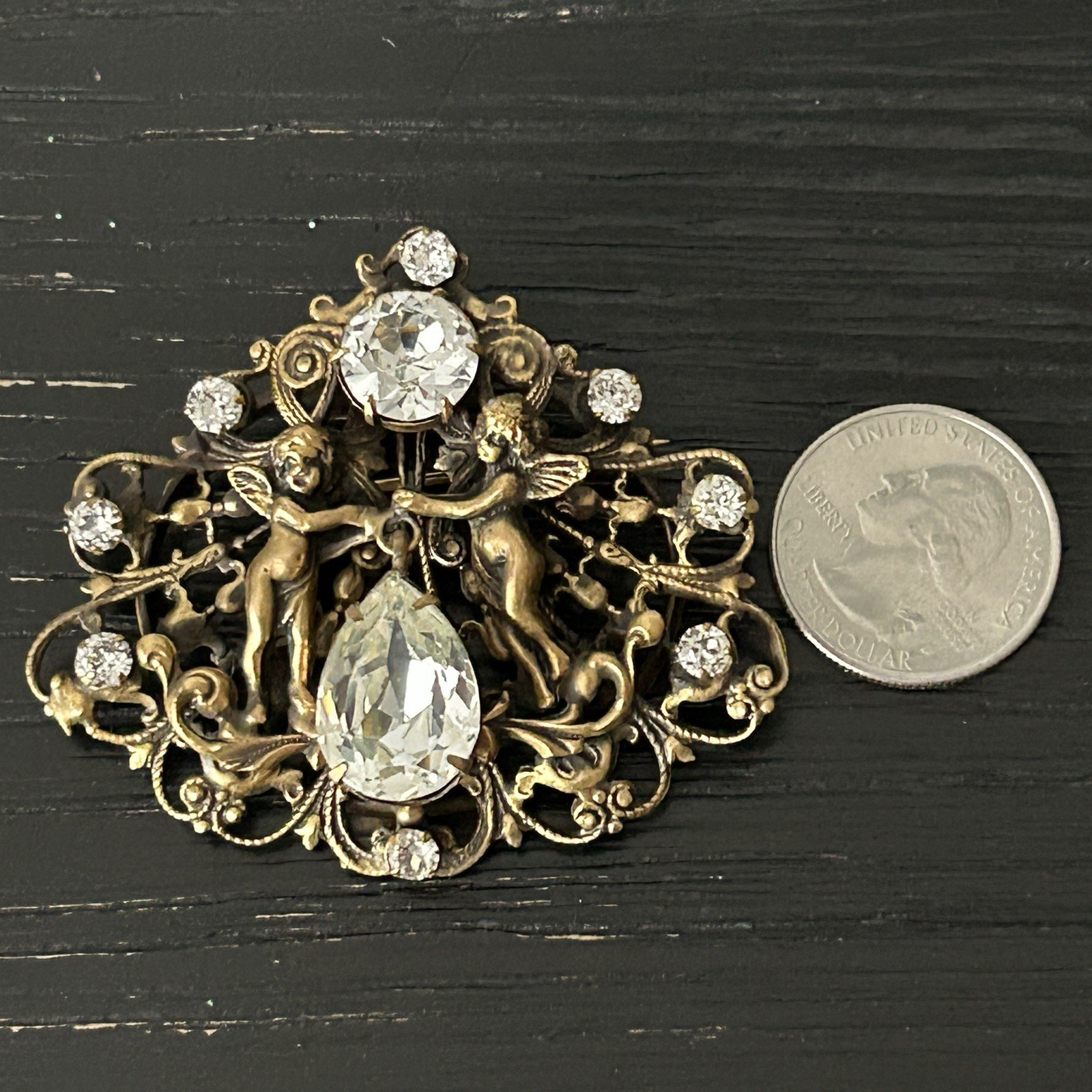 VTG Joseff of Hollywood Brooch/Pendant Gilt Brass Dangling Rhinestone Cherubs