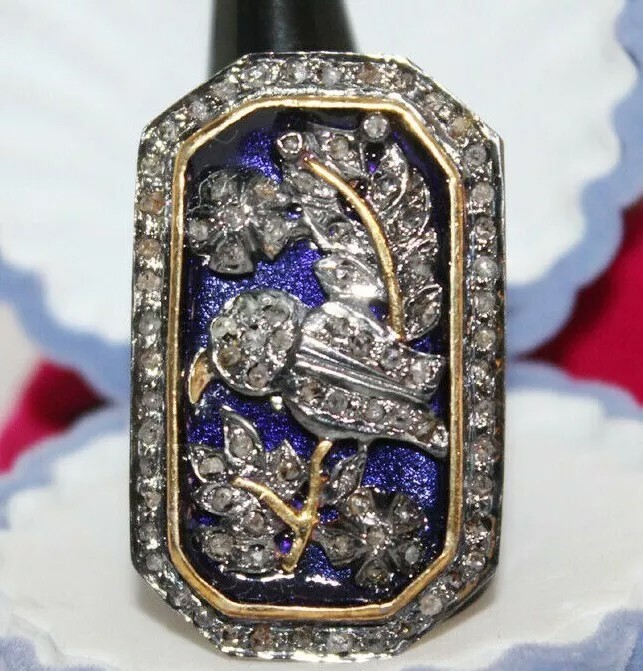 3.15ct Rose Cut Diamond 925 Silver Blue Enamel Wedding Cocktail Ring