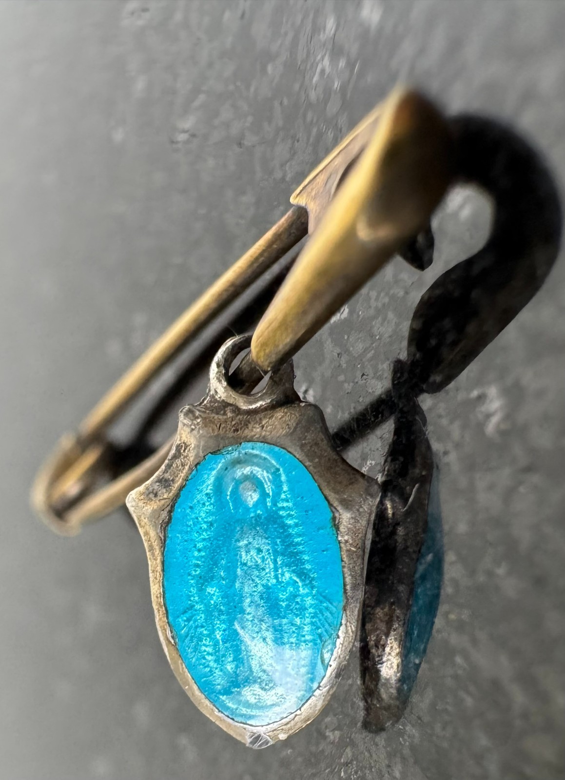 Vintage Religious Protection Pin Sterling Silver Blue Medal Charm