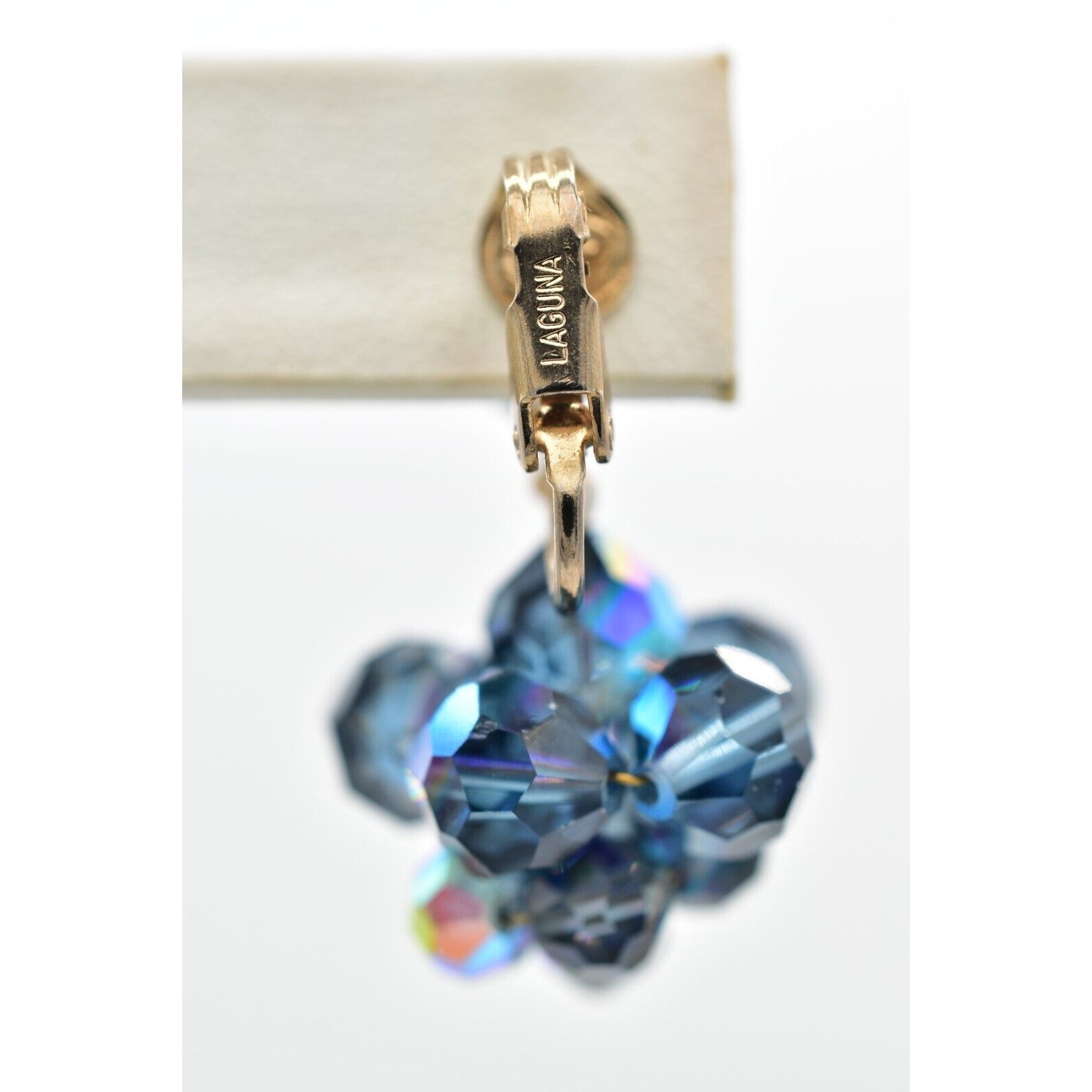 Laguna Vintage Clip On Crystal Earrings Dangle Navy Blue Drop Signed 1950s A24