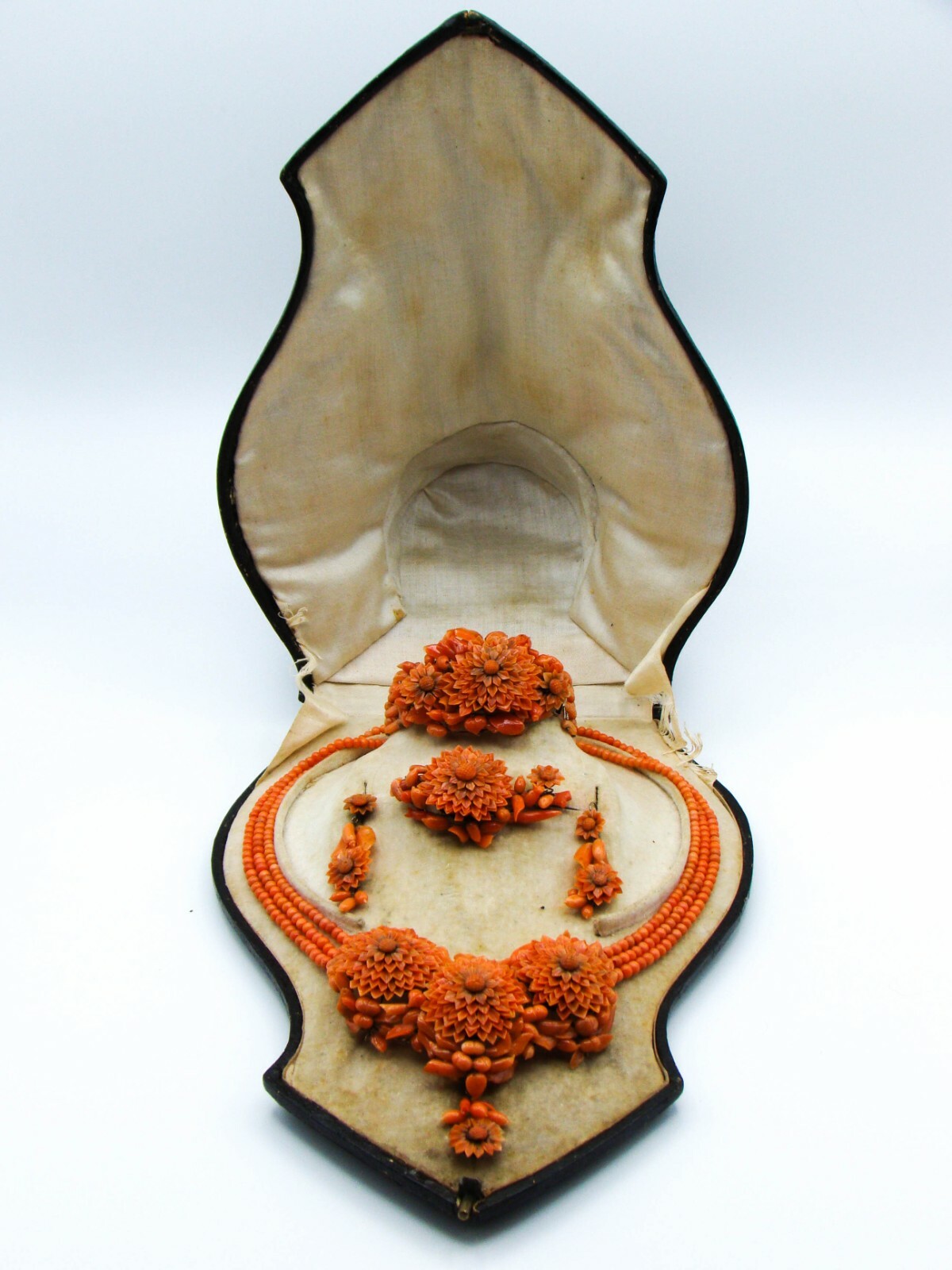 Old Real Antique Natural Coral Beads Necklace Earrings Bracelet Brooch Set 12K !