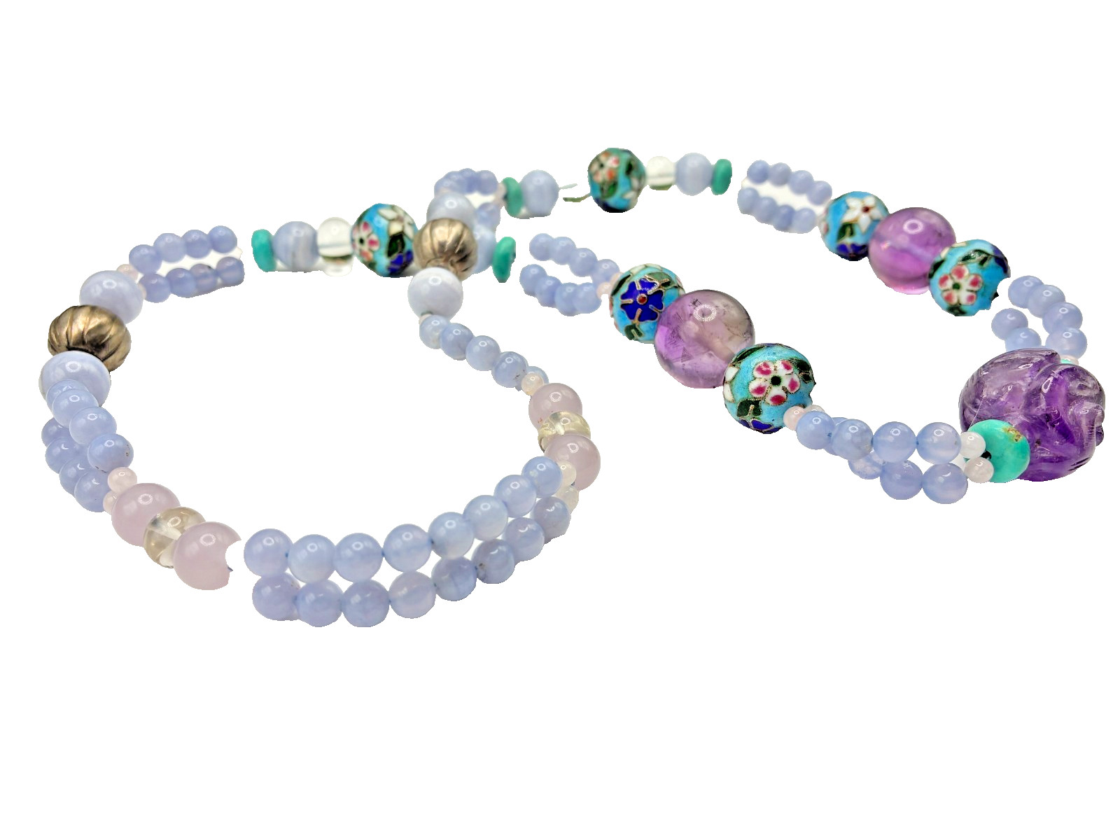 Amazing Chinese Enamel Silver Cloisonne Amethyst Turquoise Blue Agate Necklace