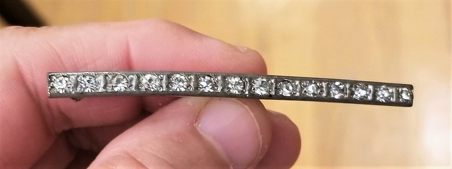 14-Rhinestone Antique PIN BROOCH~FISHON SILVERITE Art Deco 2.5″ Vintage Jewelry