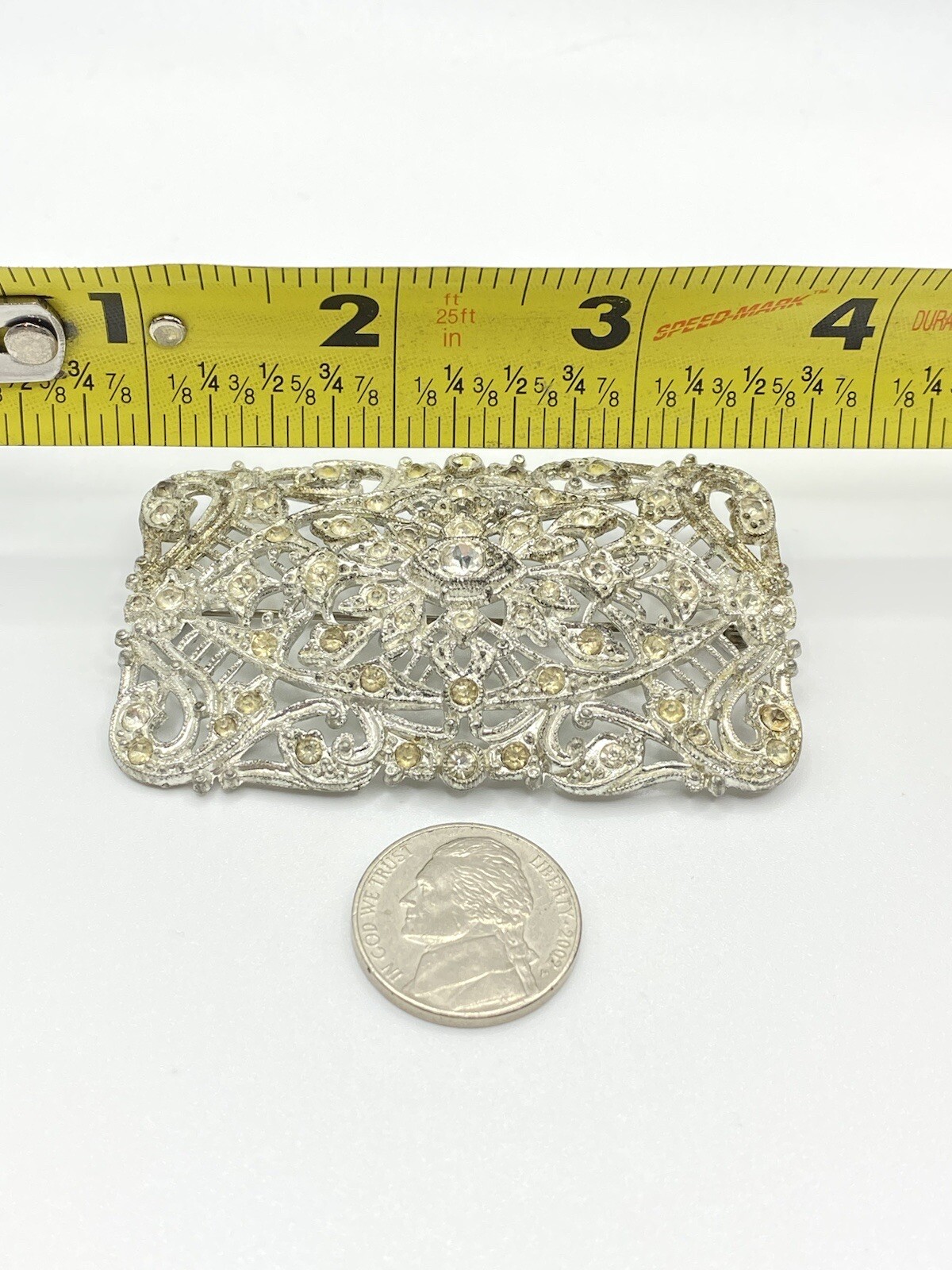 New England Glass Works Silver Rhinestone Filagree Brooch 2”
