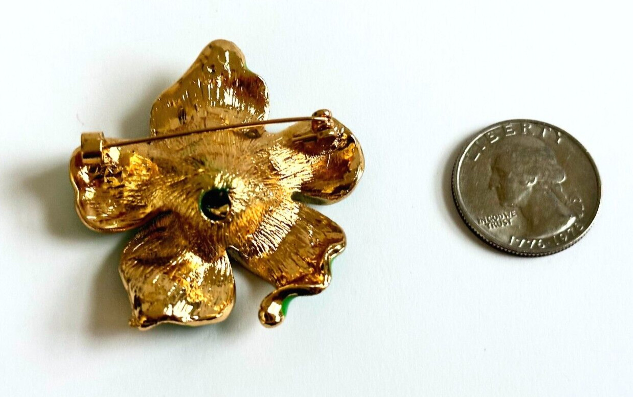 Bright & Dark Green Enamel Rhinestones Hibiscus Flower Brooch Contemporary