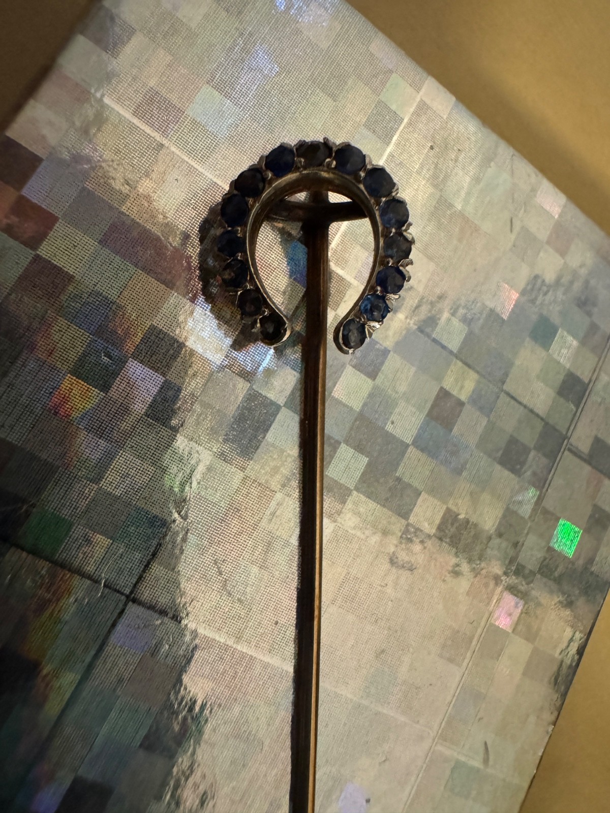 Antique 14K Y Gold Horseshoe Stick Pin w/ red garnet and blue glass 2.1 grams