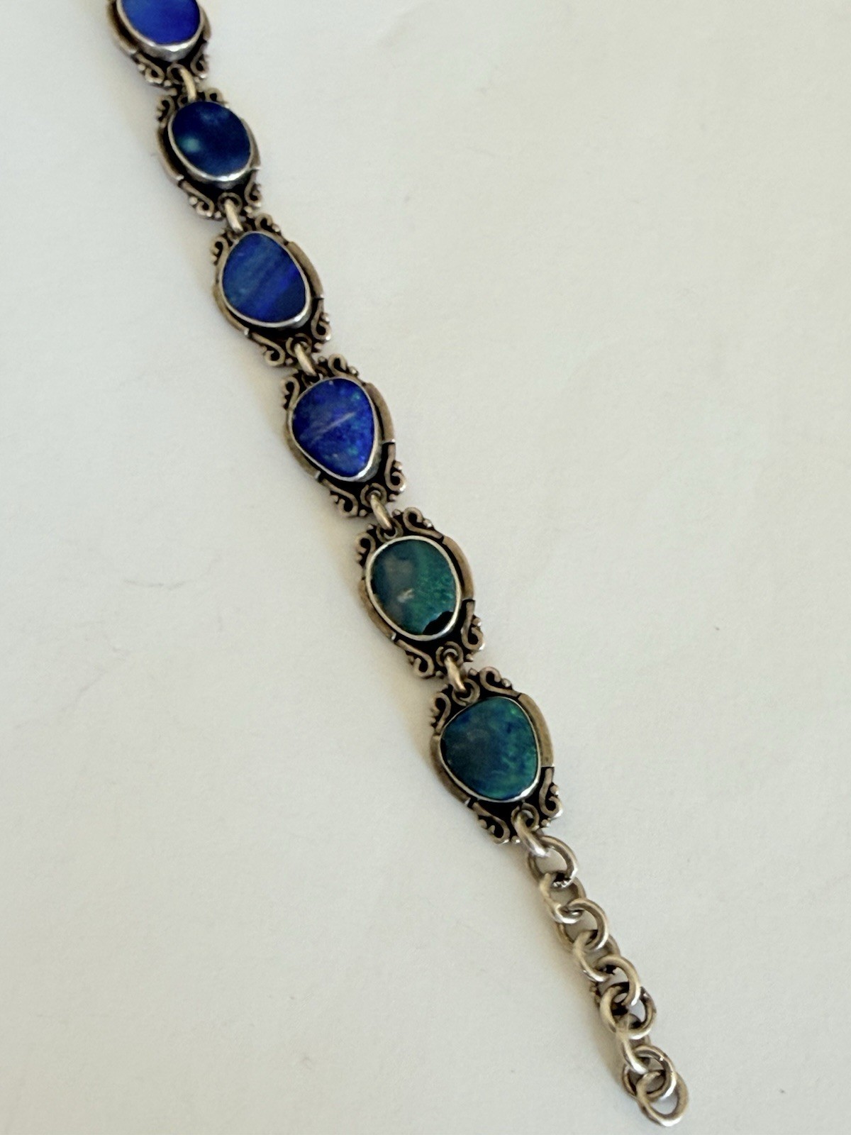 Vintage Sterling Silver Blue Australian Opal Link Bracelet 7”