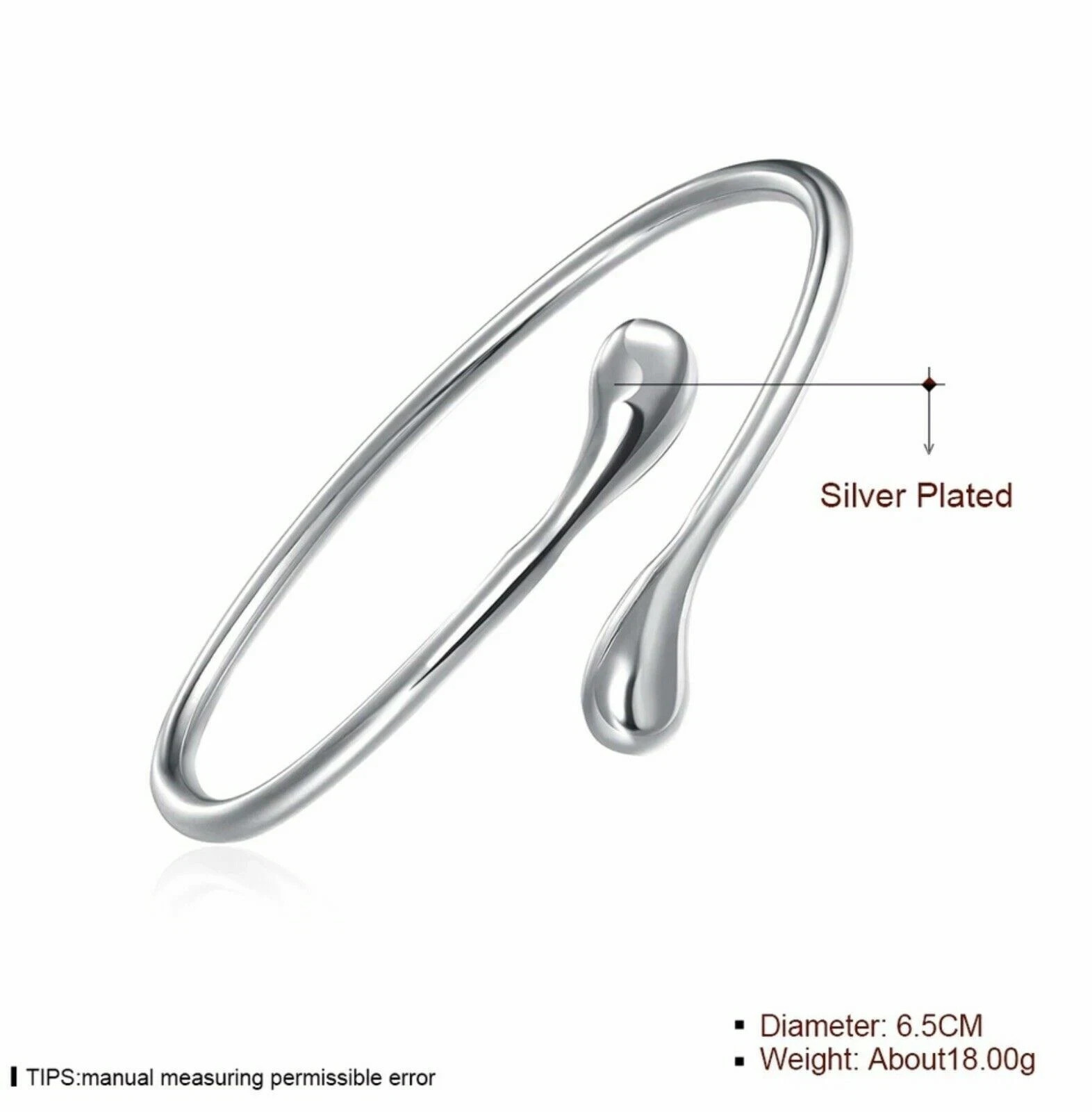 Women’s 925 Sterling Silver Smooth Tear Water Drop Cuff Open Bangle Bracelet