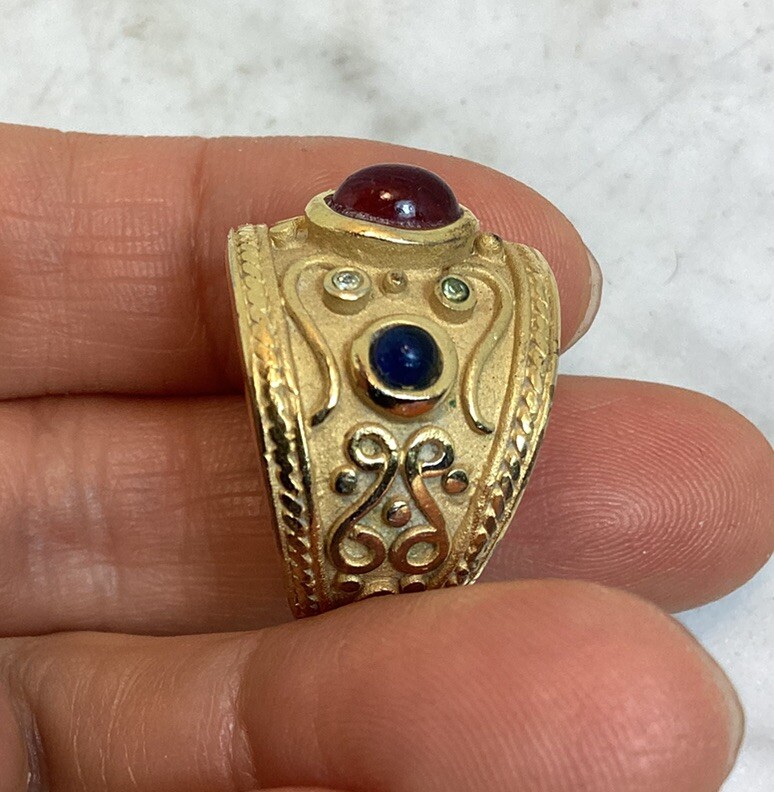 Vintage Gold Plated Byzantine Greek Faux Ruby Sapphire Peridot Ring Size 7