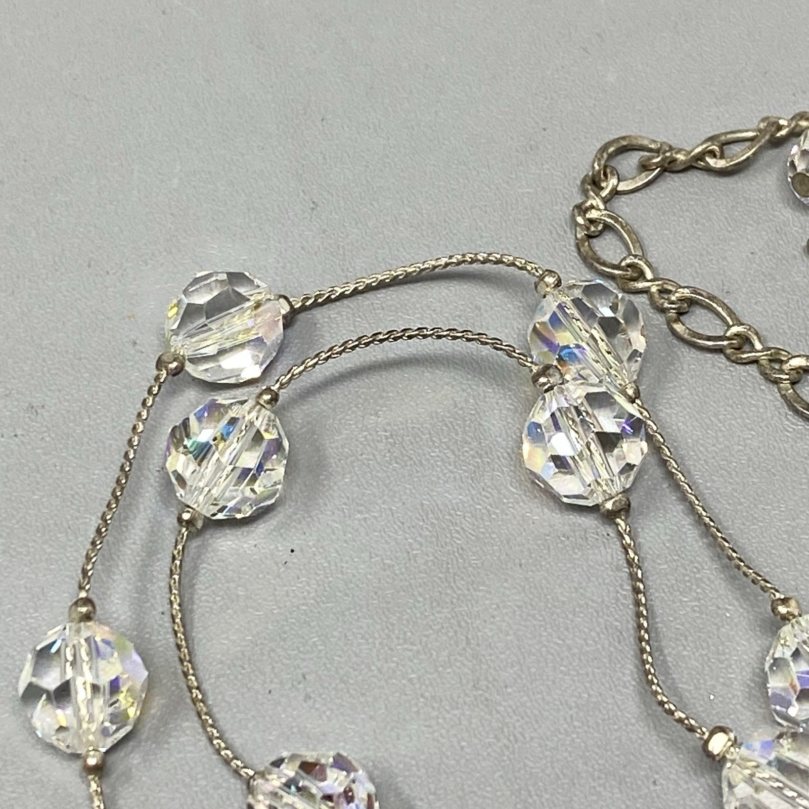Aurora Borealis Crystal Bead Necklace Faceted Glass Silver Tone Chain Collar 18″