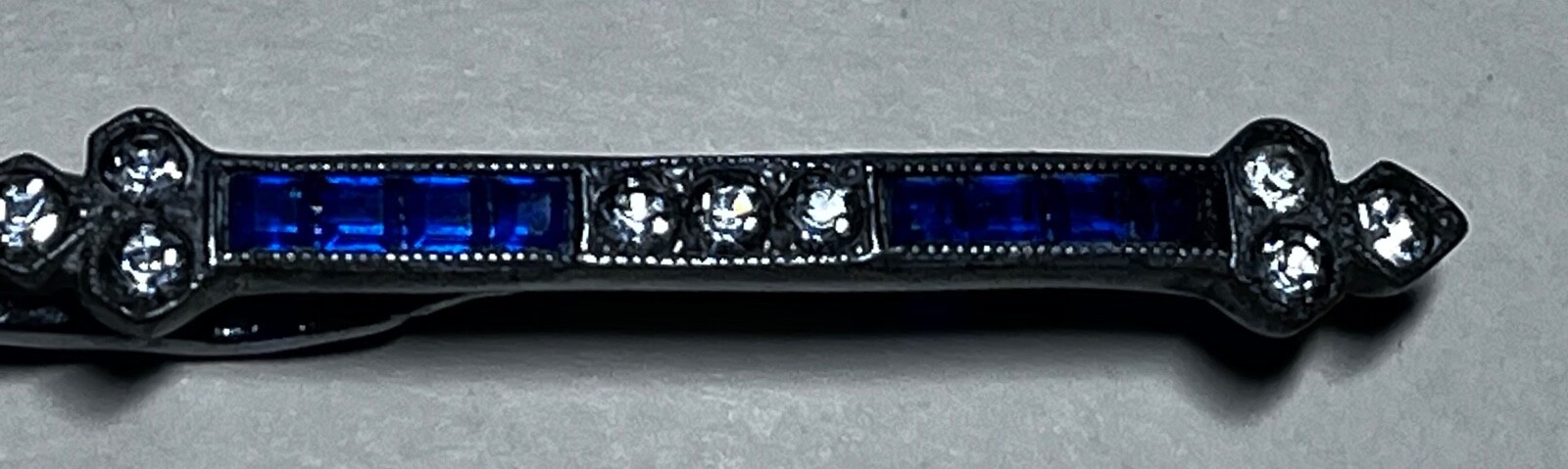 ANTIQUE SILVERITE HWF & SON BAR PIN WITH CLEAR RHINESTONES & SAPPHIRE BLUE GLASS