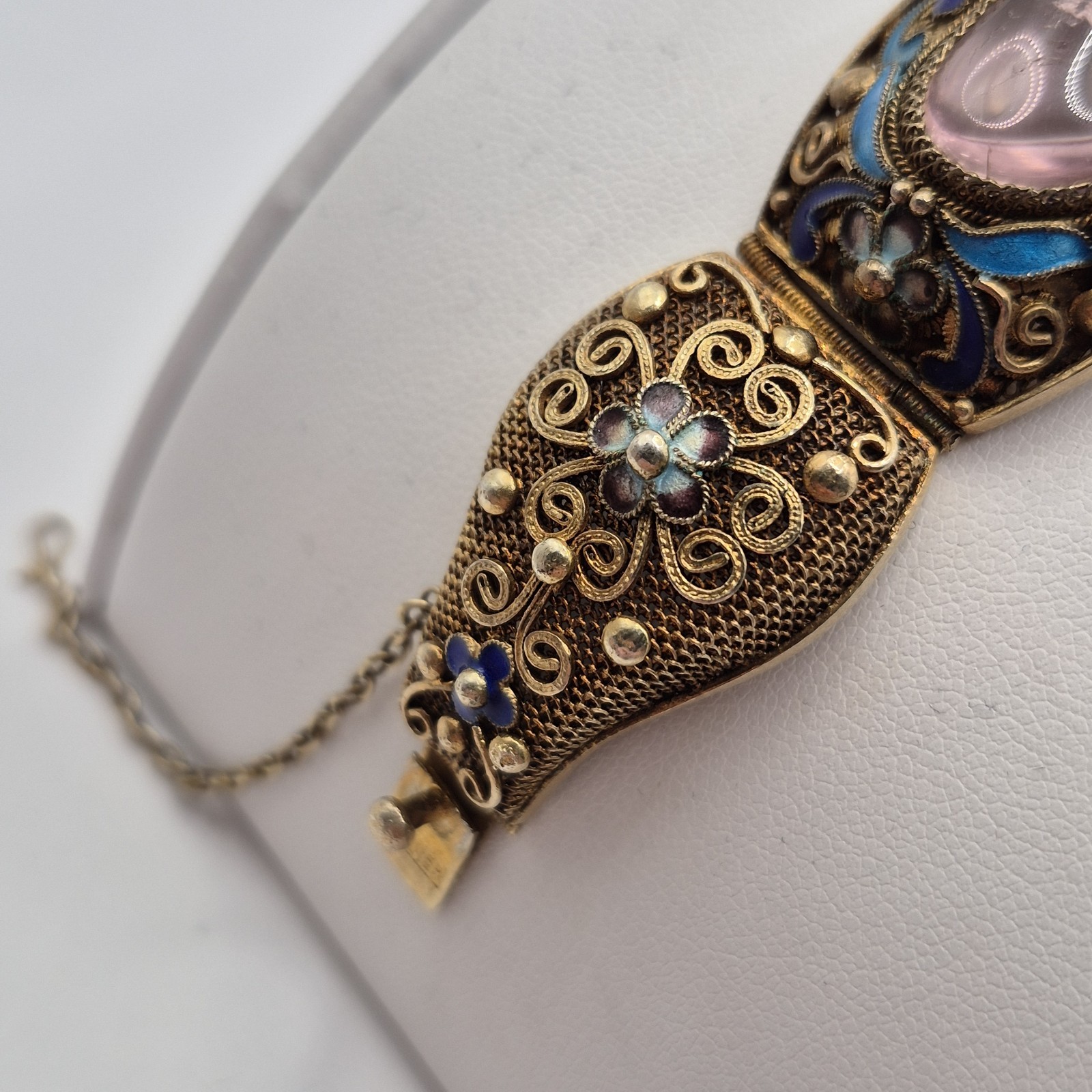 Vintage Silver W/ Gold Wash Chinese Export Tourmaline Enamel Filigree Bracelet
