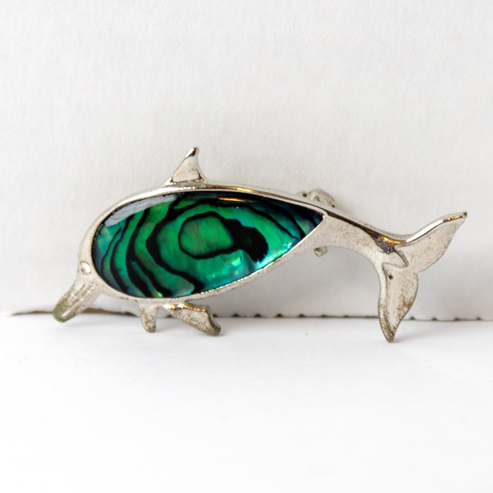 VTG New Zealand Paua Shell Dolphin Brooch Palladium Plate Abalone Jewelry 2″