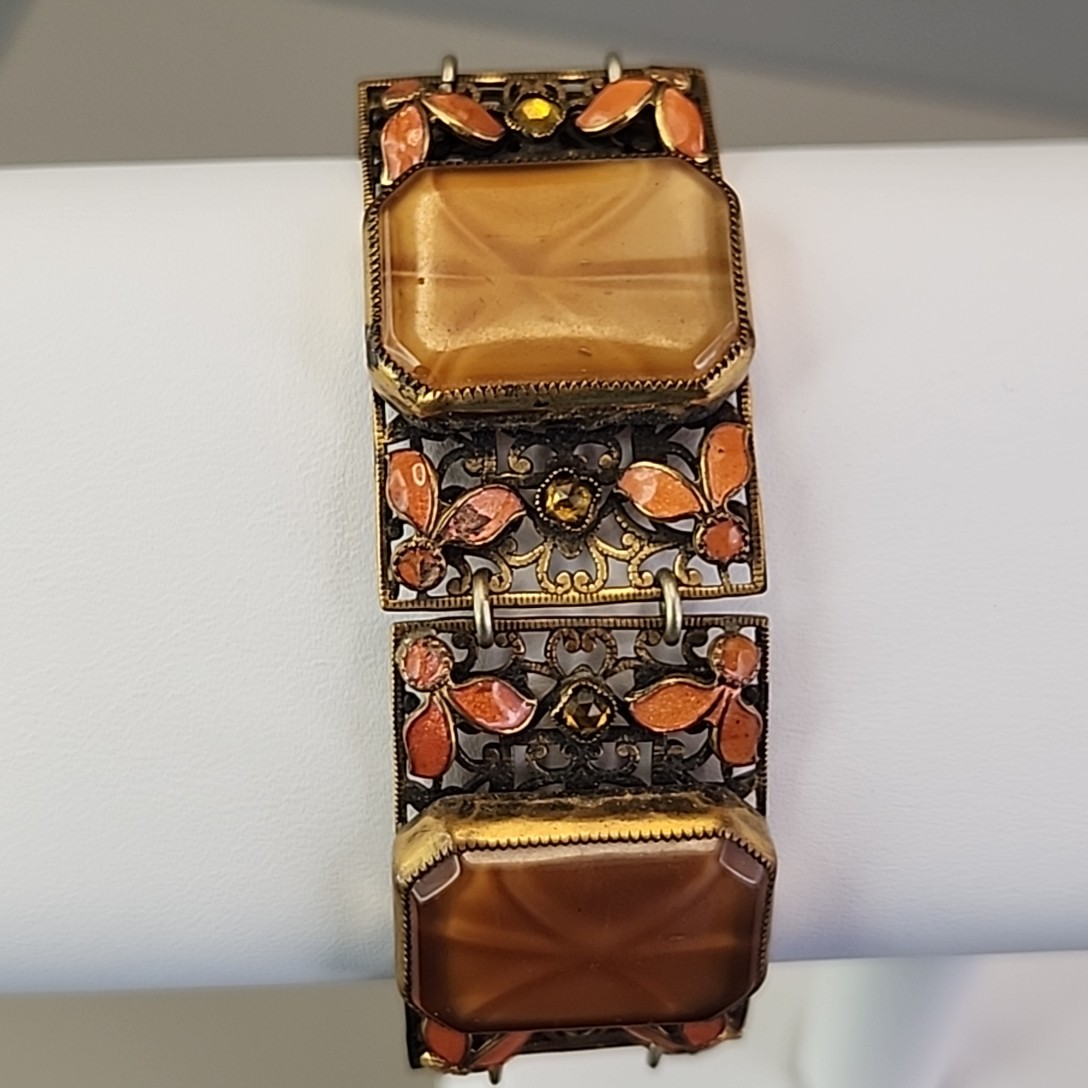 Vintage Panel Bracelet Brown Faux Star Sapphire Peach Enamel Fall Autumn 7.25″